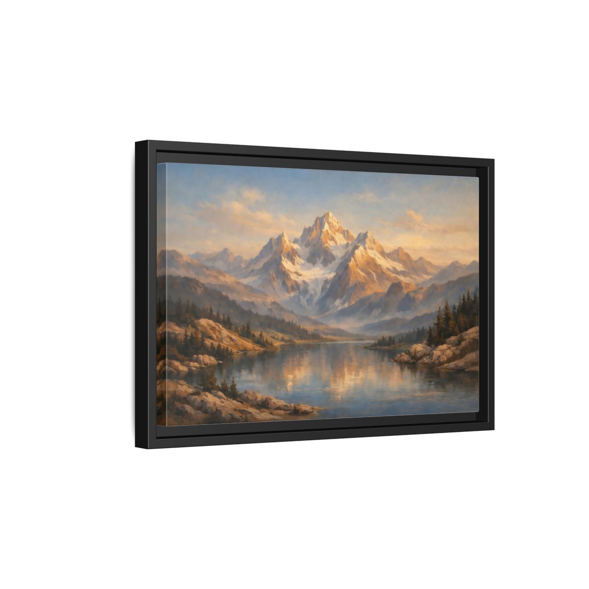 Side Mockup 6. Nature Mountain Lake Golden Hour Landscape shown as stretched canvas wall art