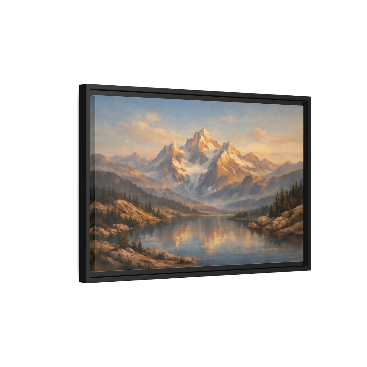 Side Mockup 3. Nature Mountain Lake Golden Hour Landscape shown as stretched canvas wall art