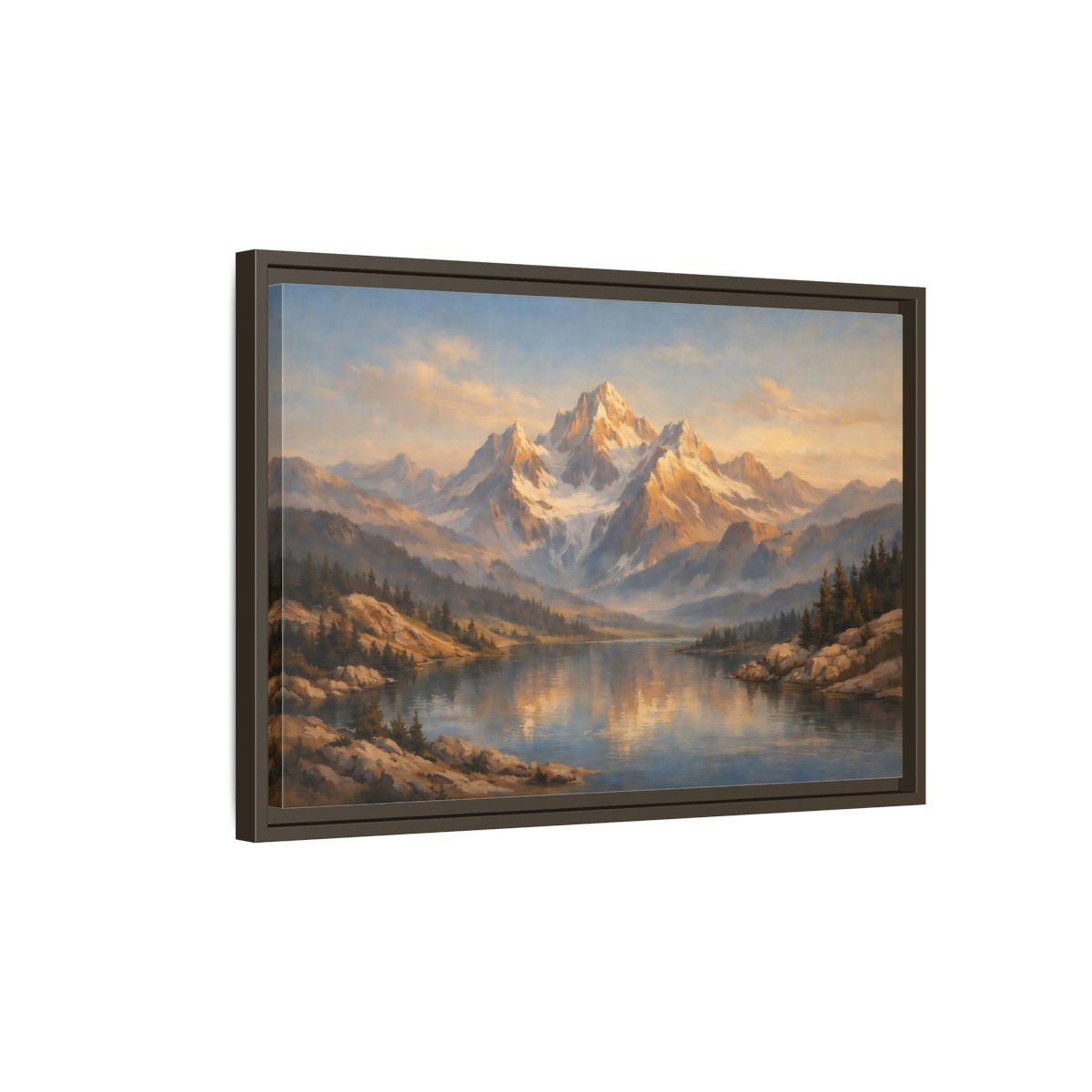 Side Mockup 2. Nature Mountain Lake Golden Hour Landscape shown as stretched canvas wall art