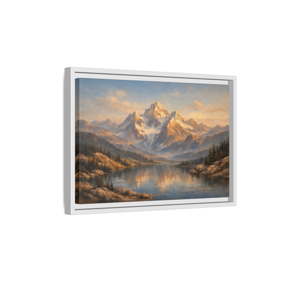 Side Mockup 4. Nature Mountain Lake Golden Hour Landscape shown as stretched canvas wall art