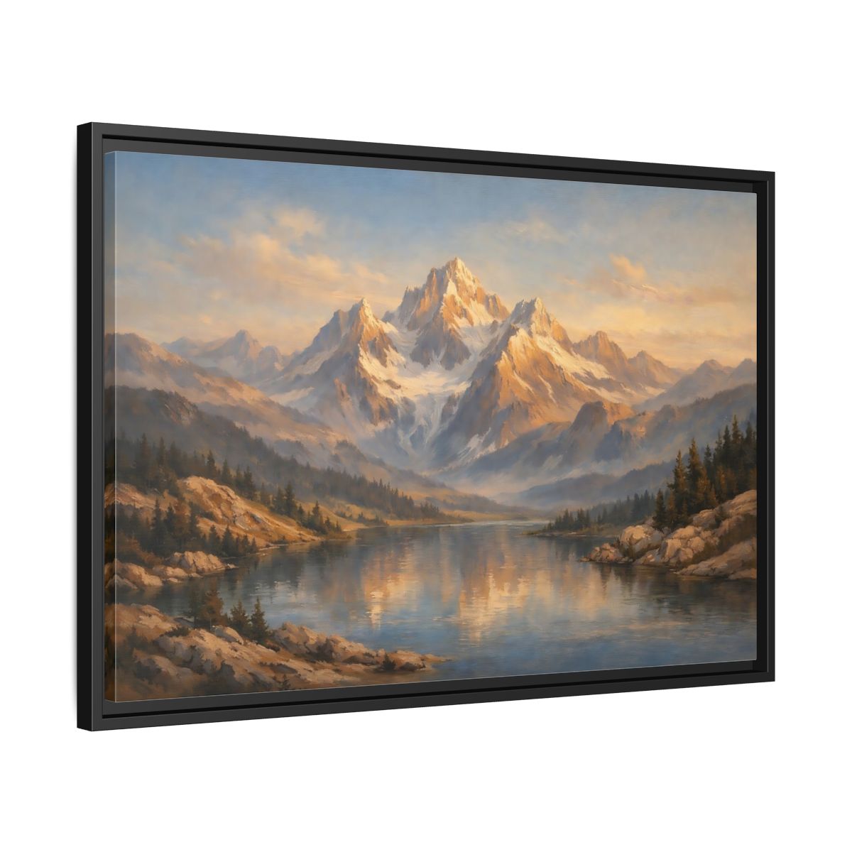 Side Mockup 14. Nature Mountain Lake Golden Hour Landscape shown as stretched canvas wall art