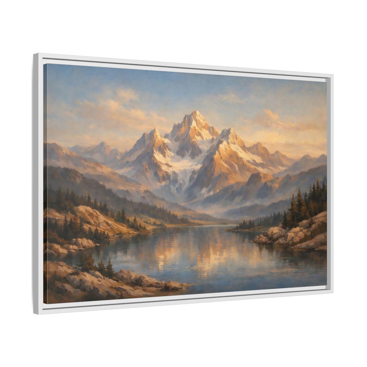 Side Mockup 8. Nature Mountain Lake Golden Hour Landscape shown as stretched canvas wall art