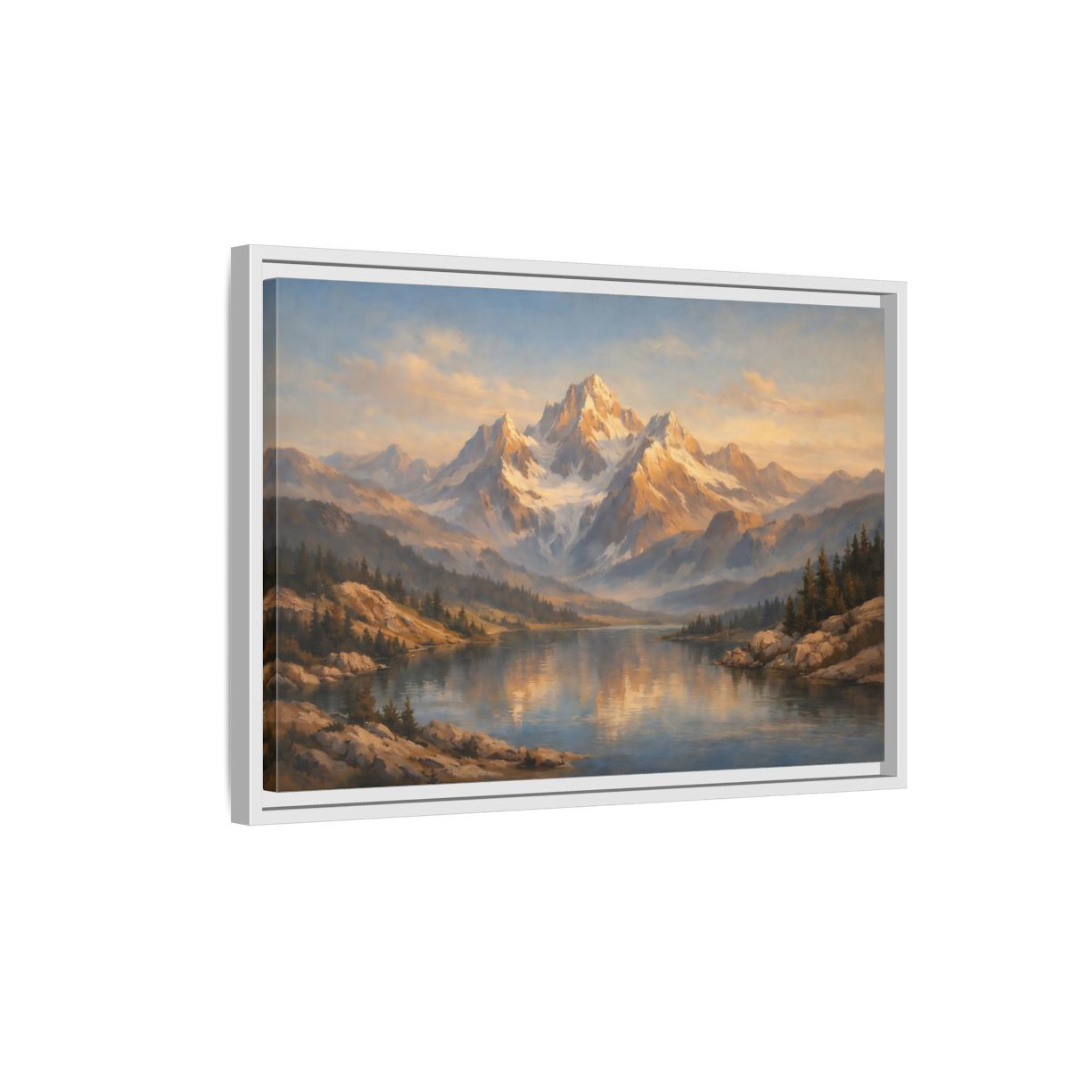 Side Mockup 1. Nature Mountain Lake Golden Hour Landscape shown as stretched canvas wall art