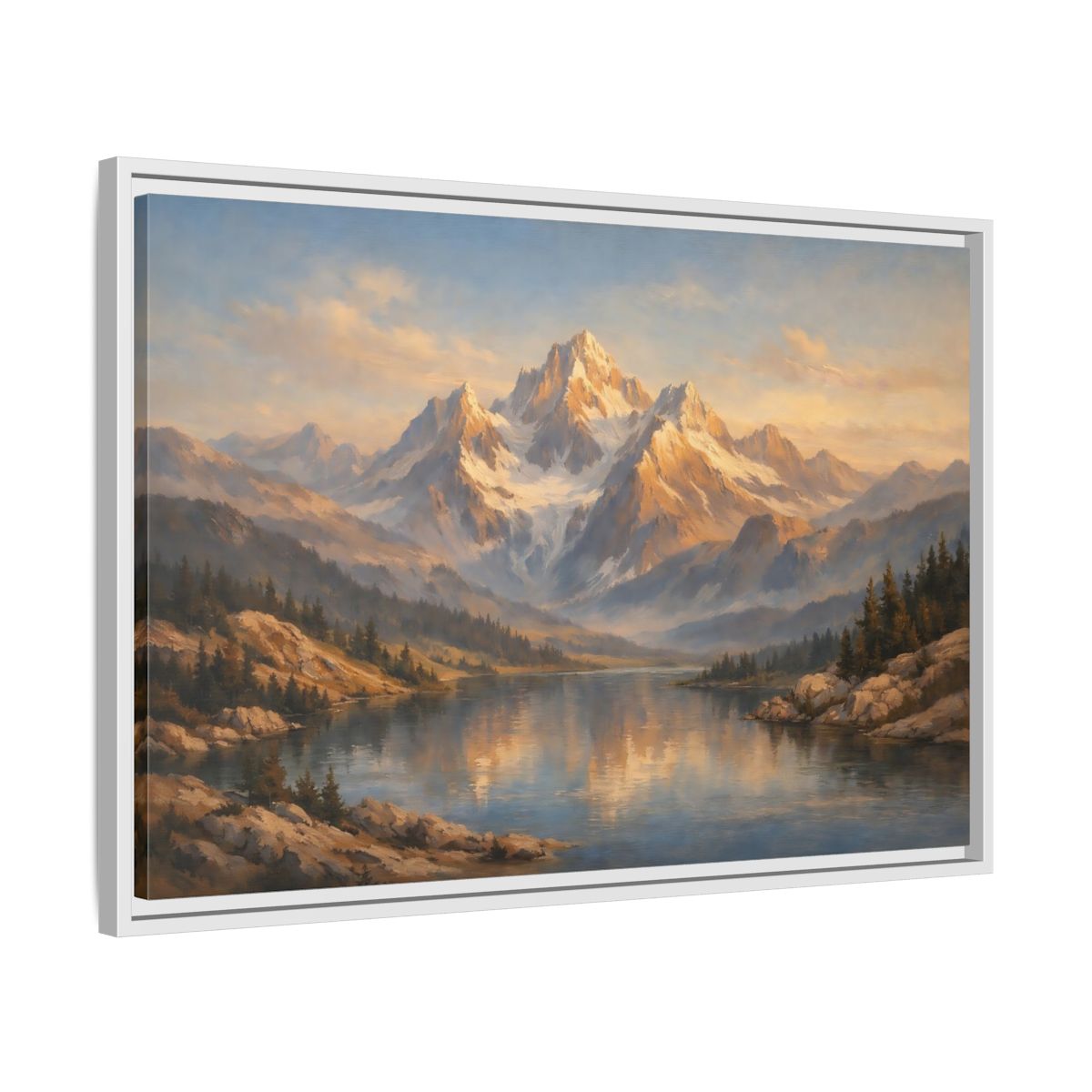 Side Mockup 10. Nature Mountain Lake Golden Hour Landscape shown as stretched canvas wall art