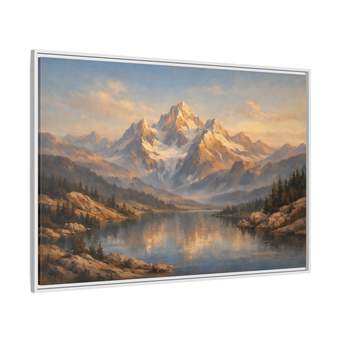 Side Mockup 7. Nature Mountain Lake Golden Hour Landscape shown as stretched canvas wall art