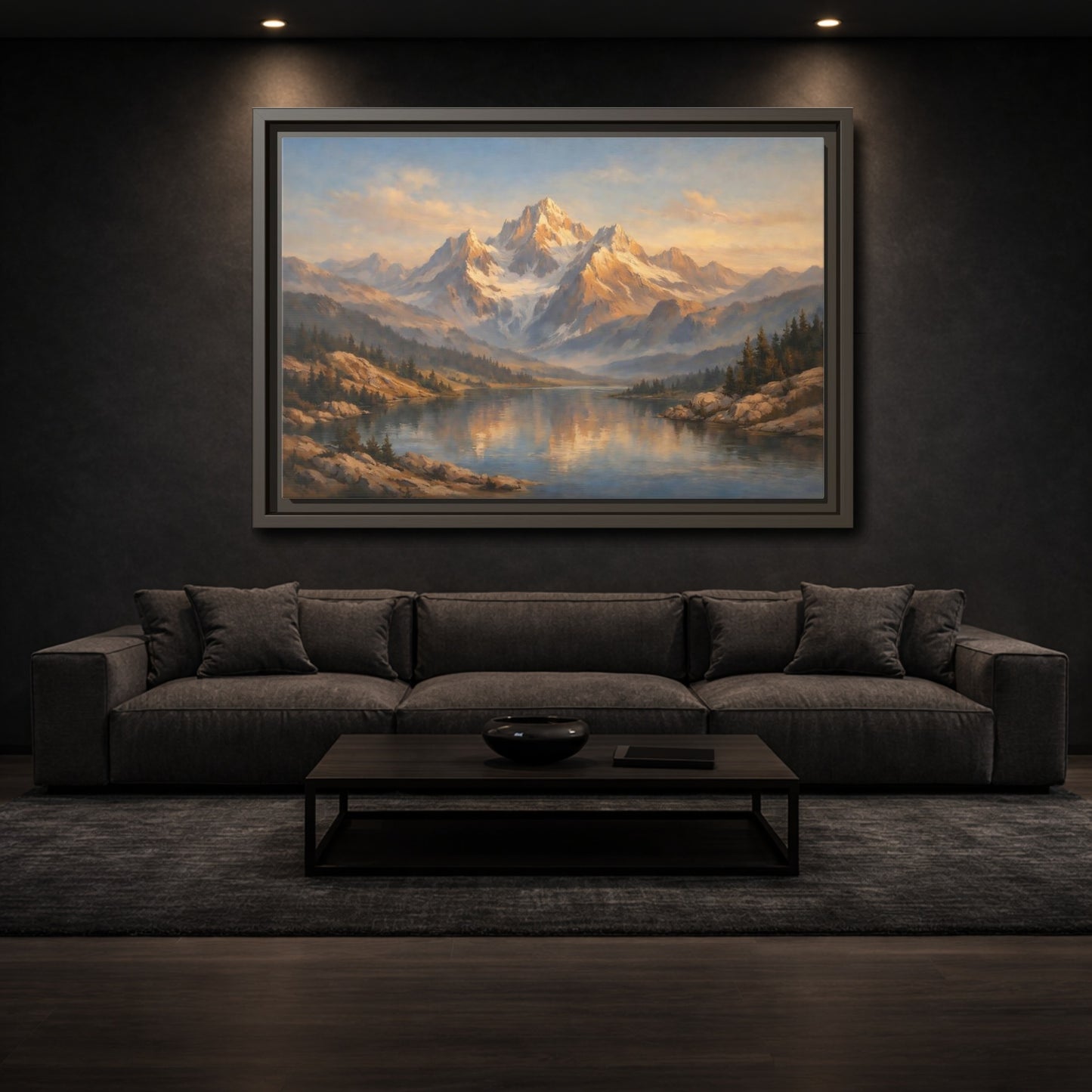 Mockup 2. Nature Mountain Lake Golden Hour Landscape shown as stretched canvas wall art