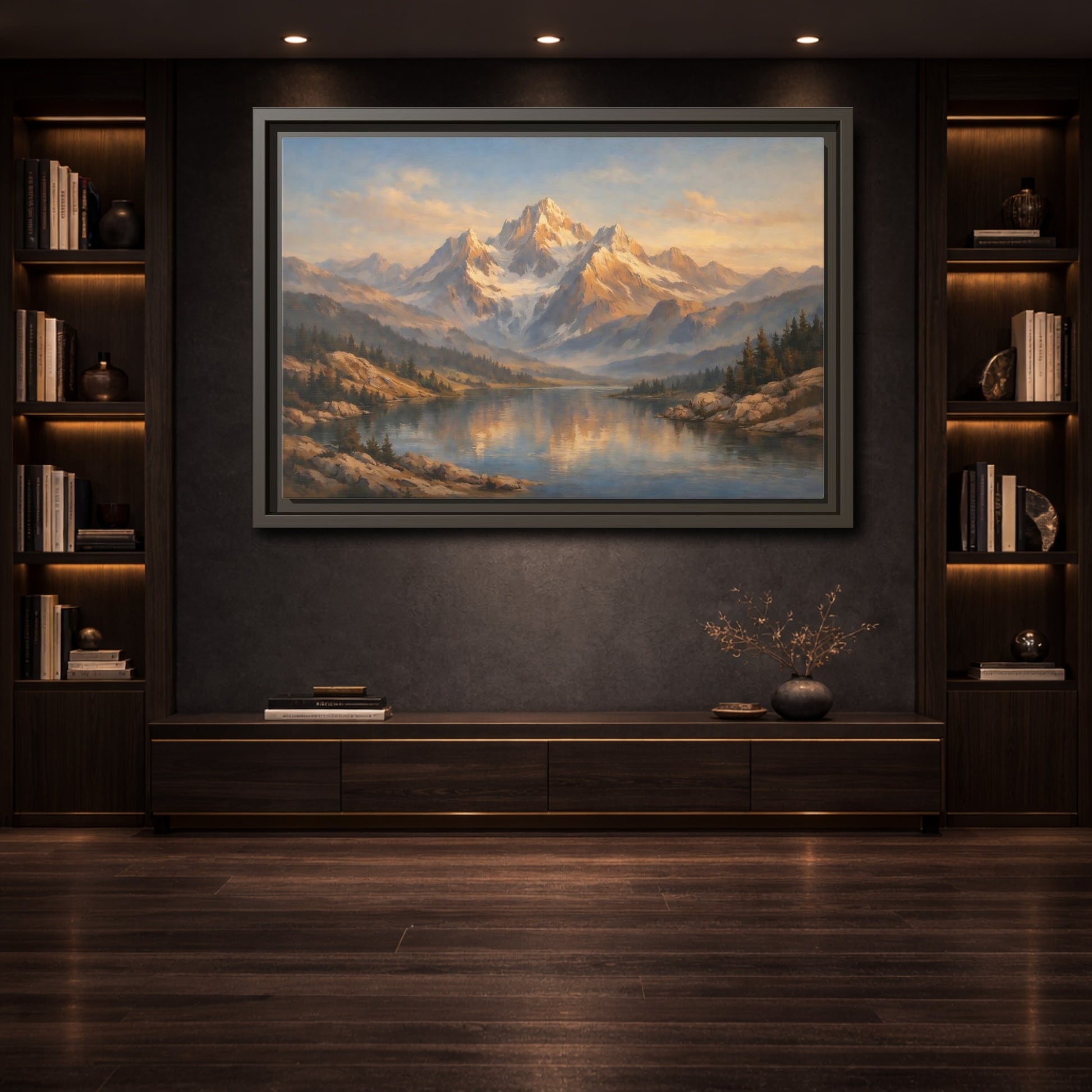 Mockup 3. Nature Mountain Lake Golden Hour Landscape shown as stretched canvas wall art
