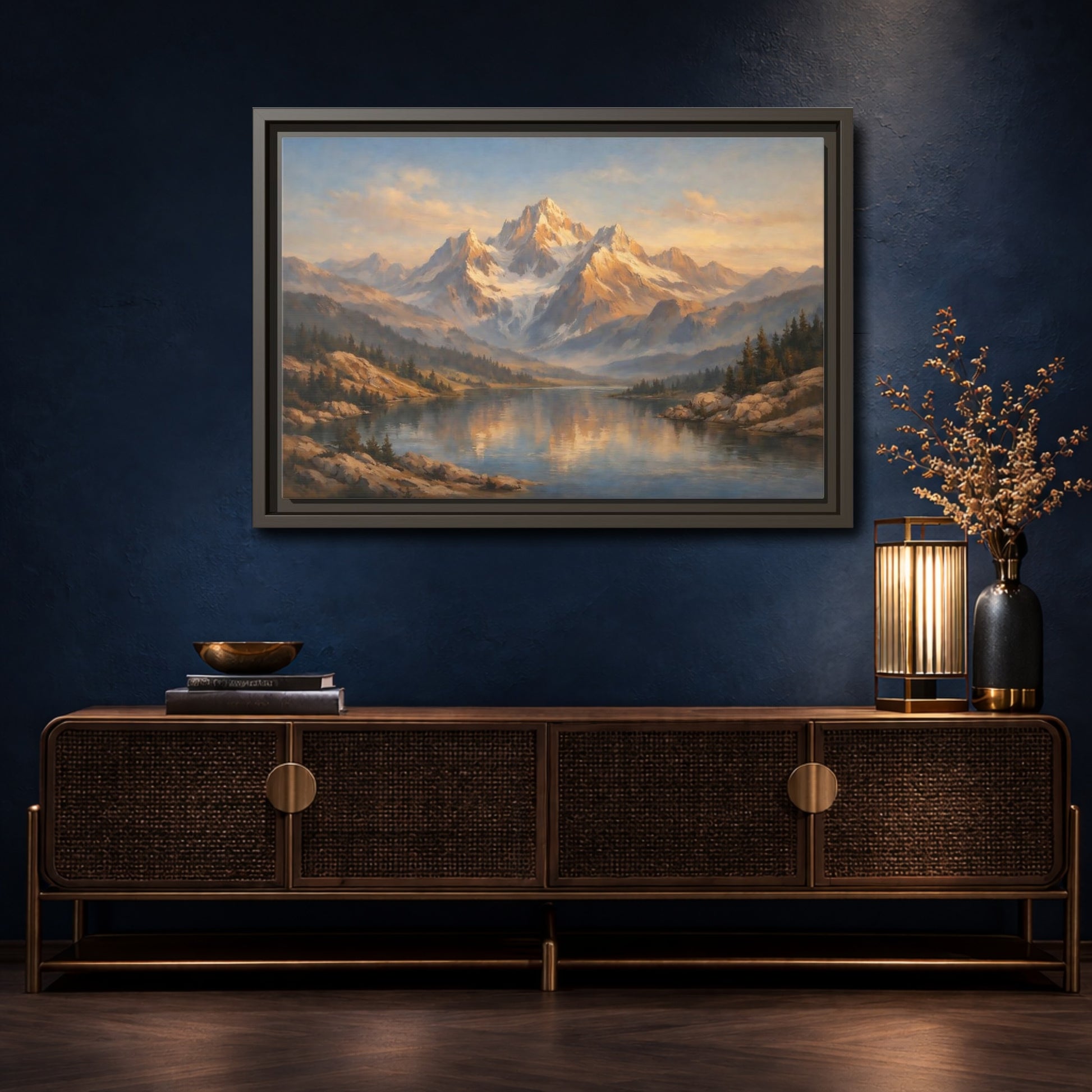 Mockup 4. Nature Mountain Lake Golden Hour Landscape shown as stretched canvas wall art