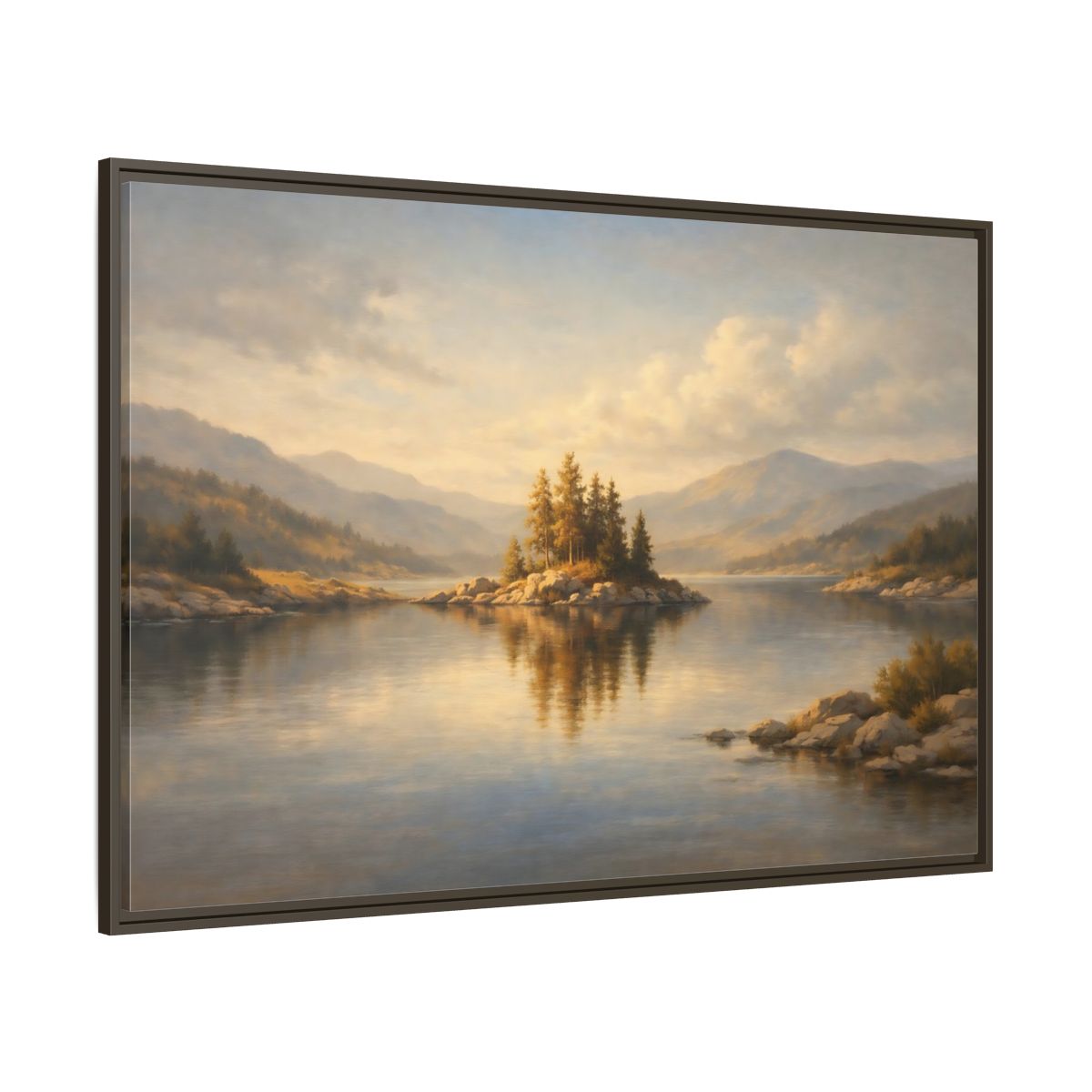 Main Mockup. Nature Mountain Lake Golden Lake Landscape shown as stretched canvas wall art