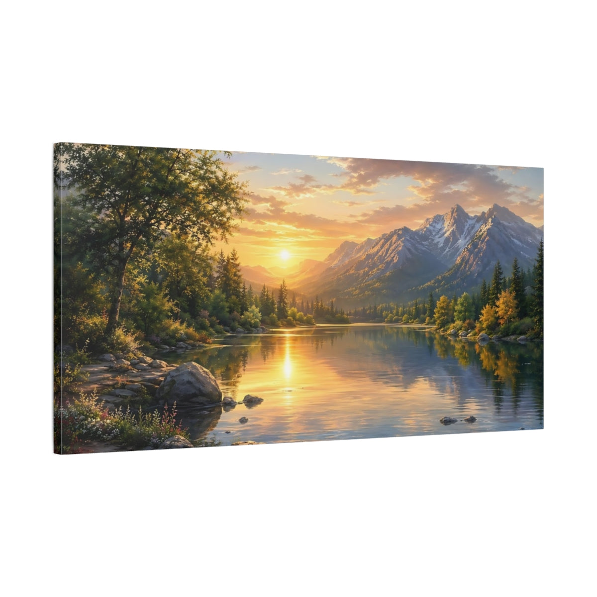 Main Mockup. Nature Mountain Lake Golden Lake Landscape shown as stretched canvas wall art