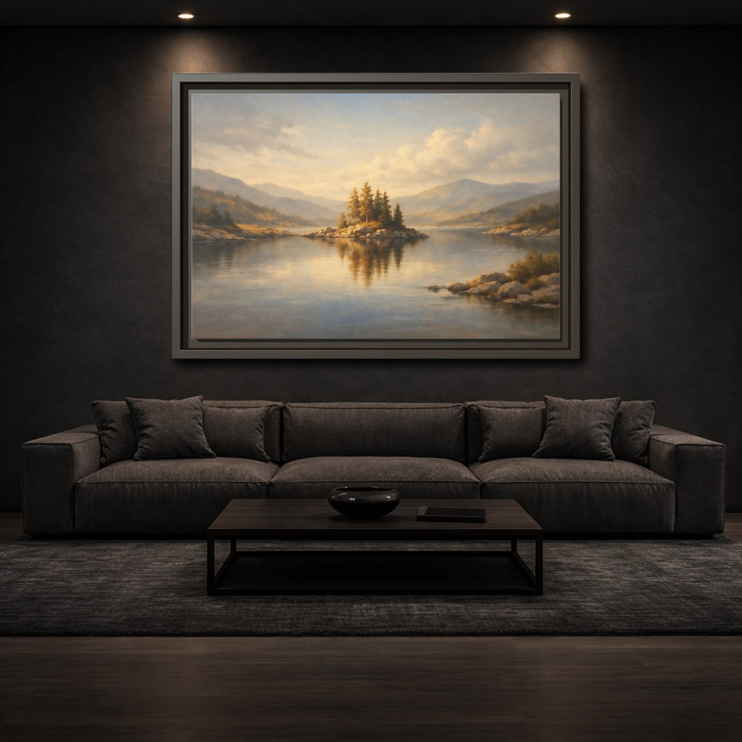 Mockup 2. Nature Mountain Lake Golden Lake Landscape shown as stretched canvas wall art