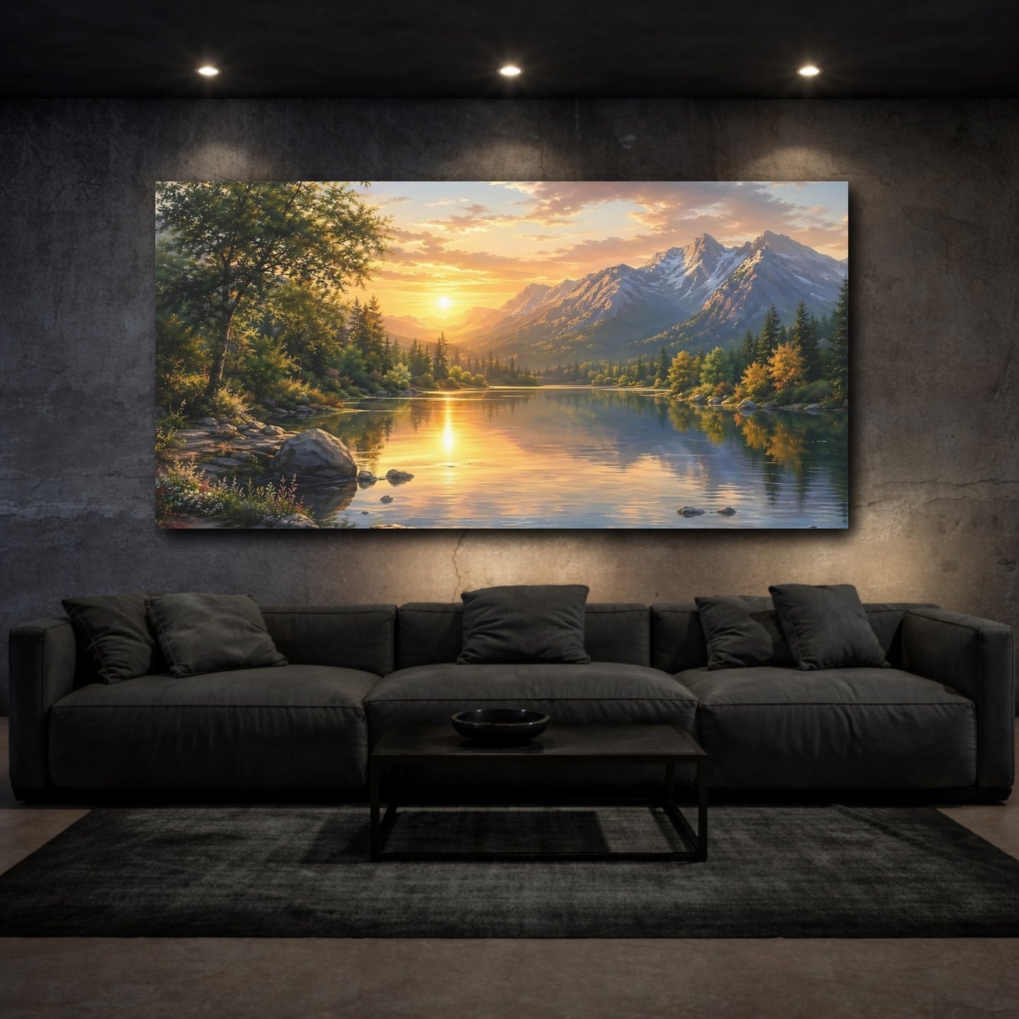 Mockup 2. Nature Mountain Lake Golden Lake Landscape shown as stretched canvas wall art