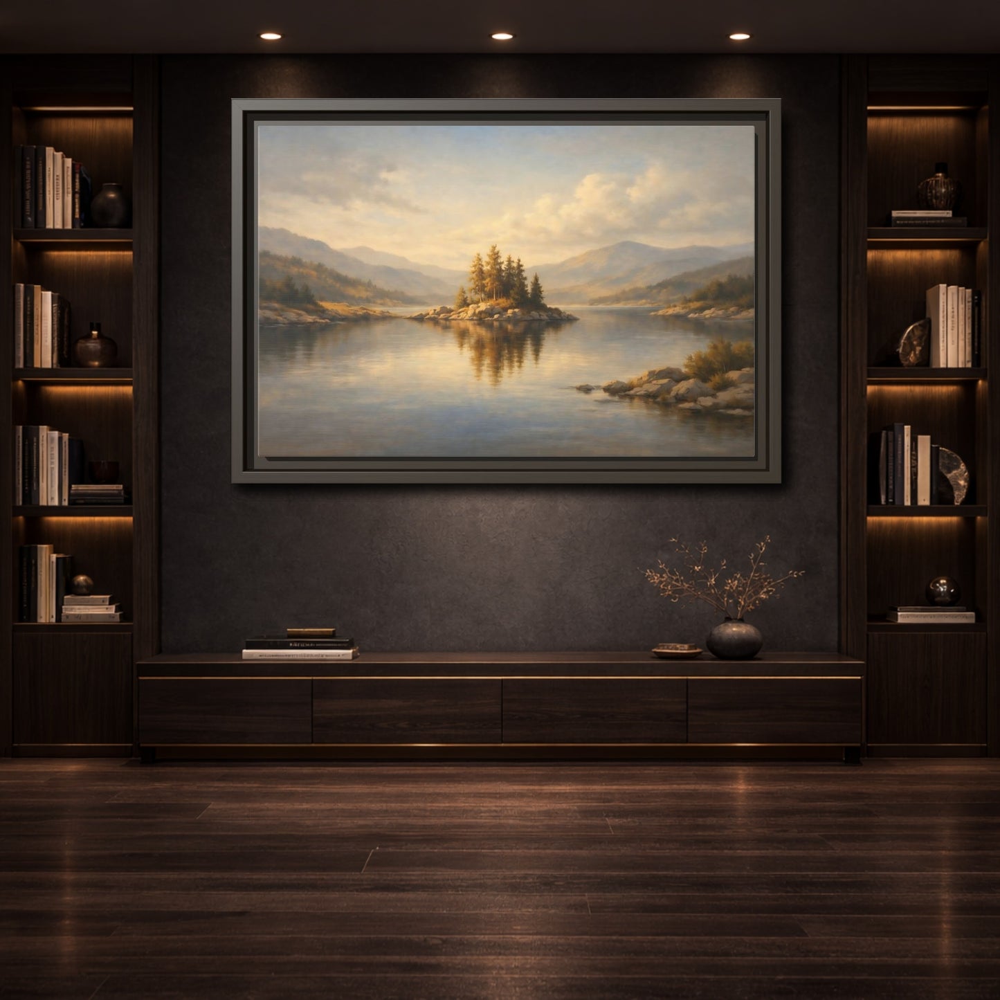 Mockup 3. Nature Mountain Lake Golden Lake Landscape shown as stretched canvas wall art