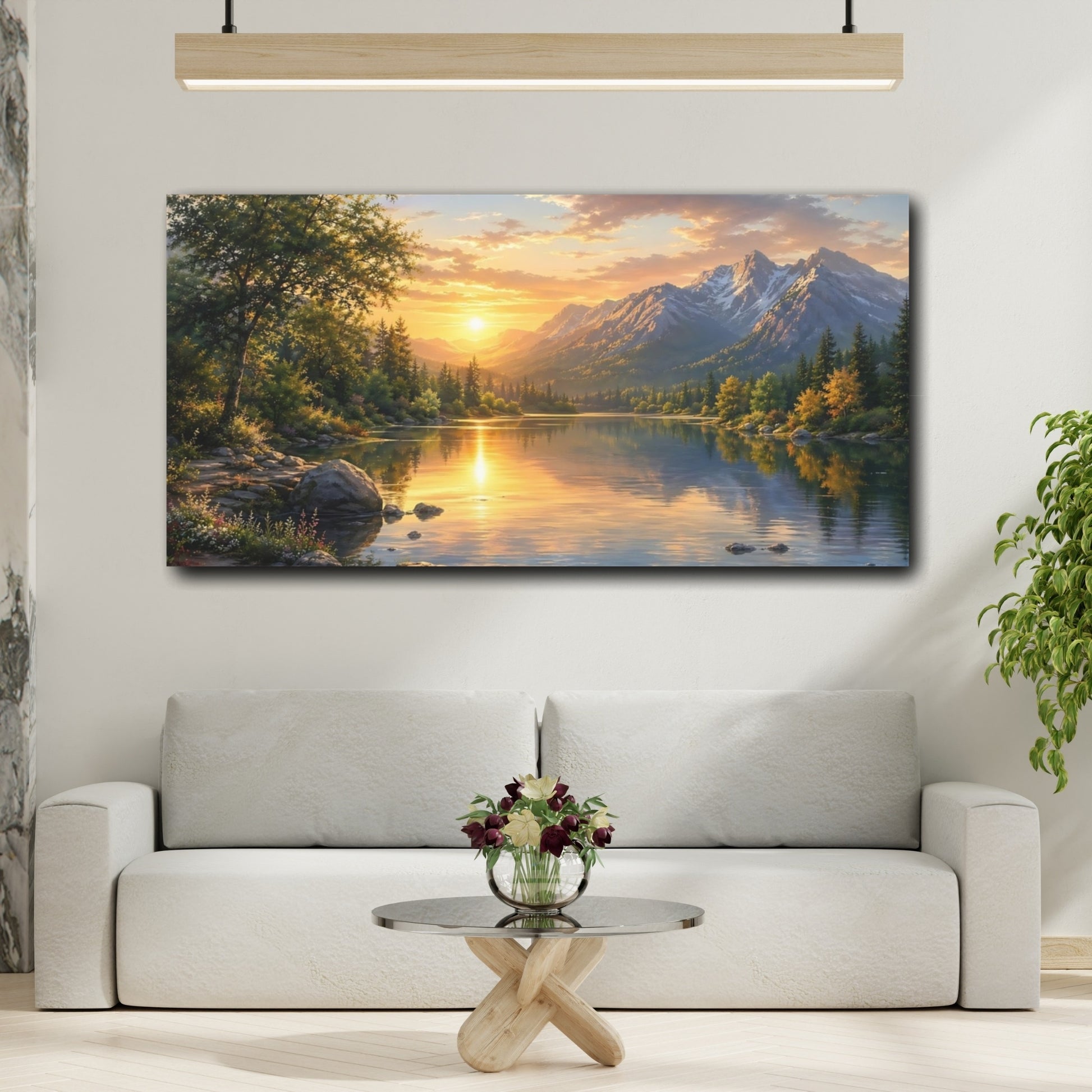 Mockup 3. Nature Mountain Lake Golden Lake Landscape shown as stretched canvas wall art