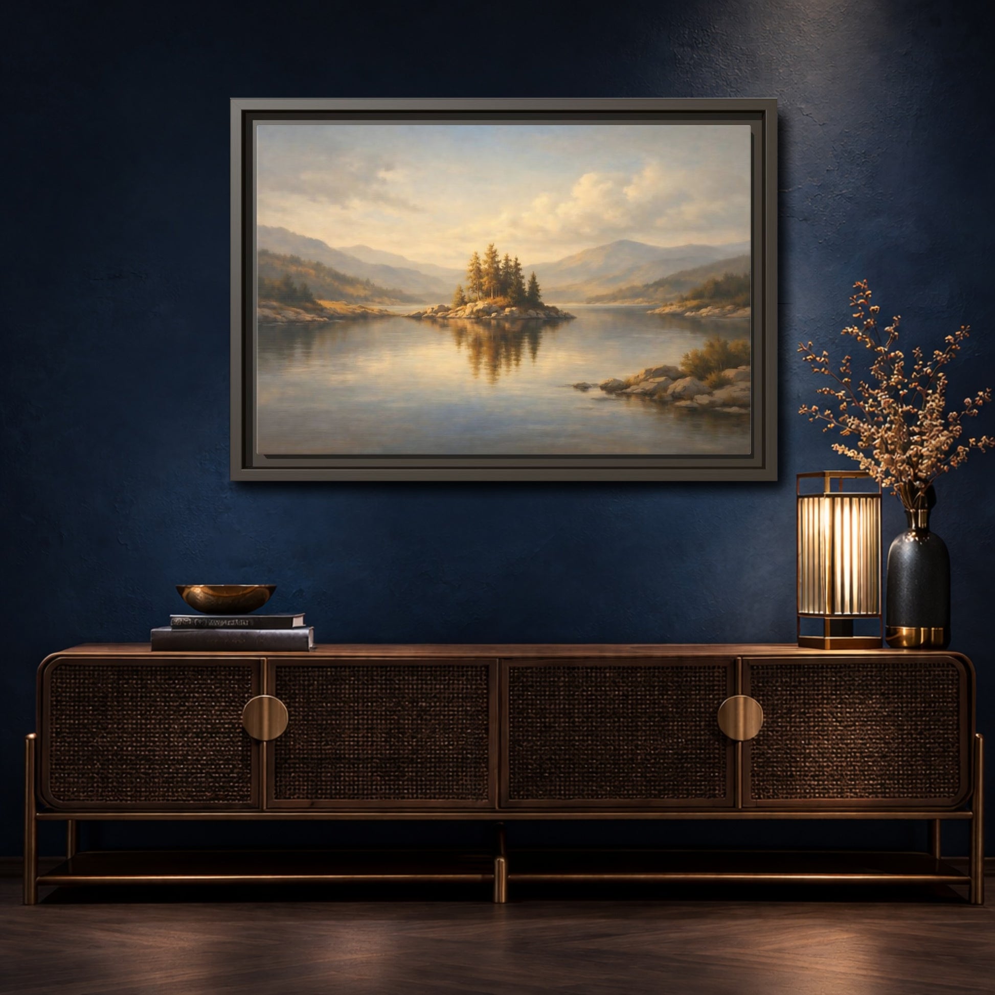 Mockup 4. Nature Mountain Lake Golden Lake Landscape shown as stretched canvas wall art
