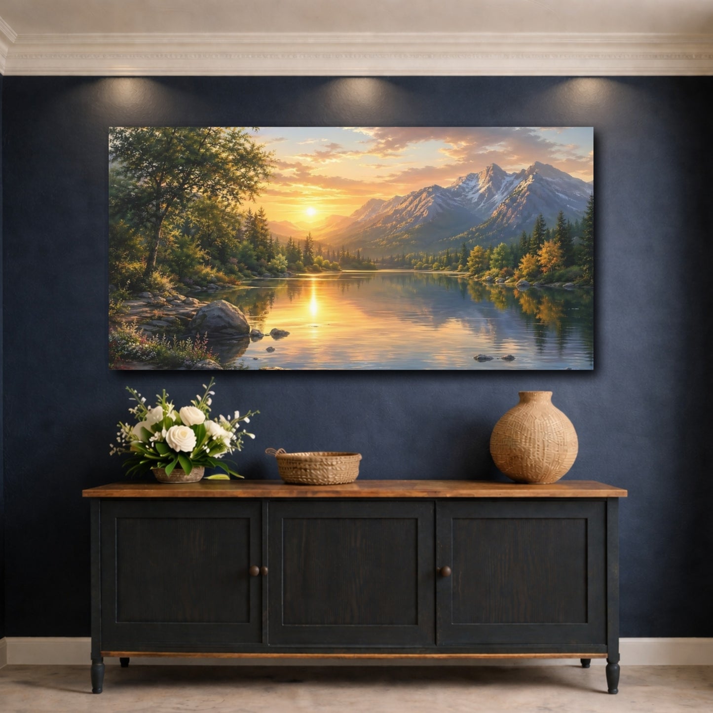 Mockup 4. Nature Mountain Lake Golden Lake Landscape shown as stretched canvas wall art