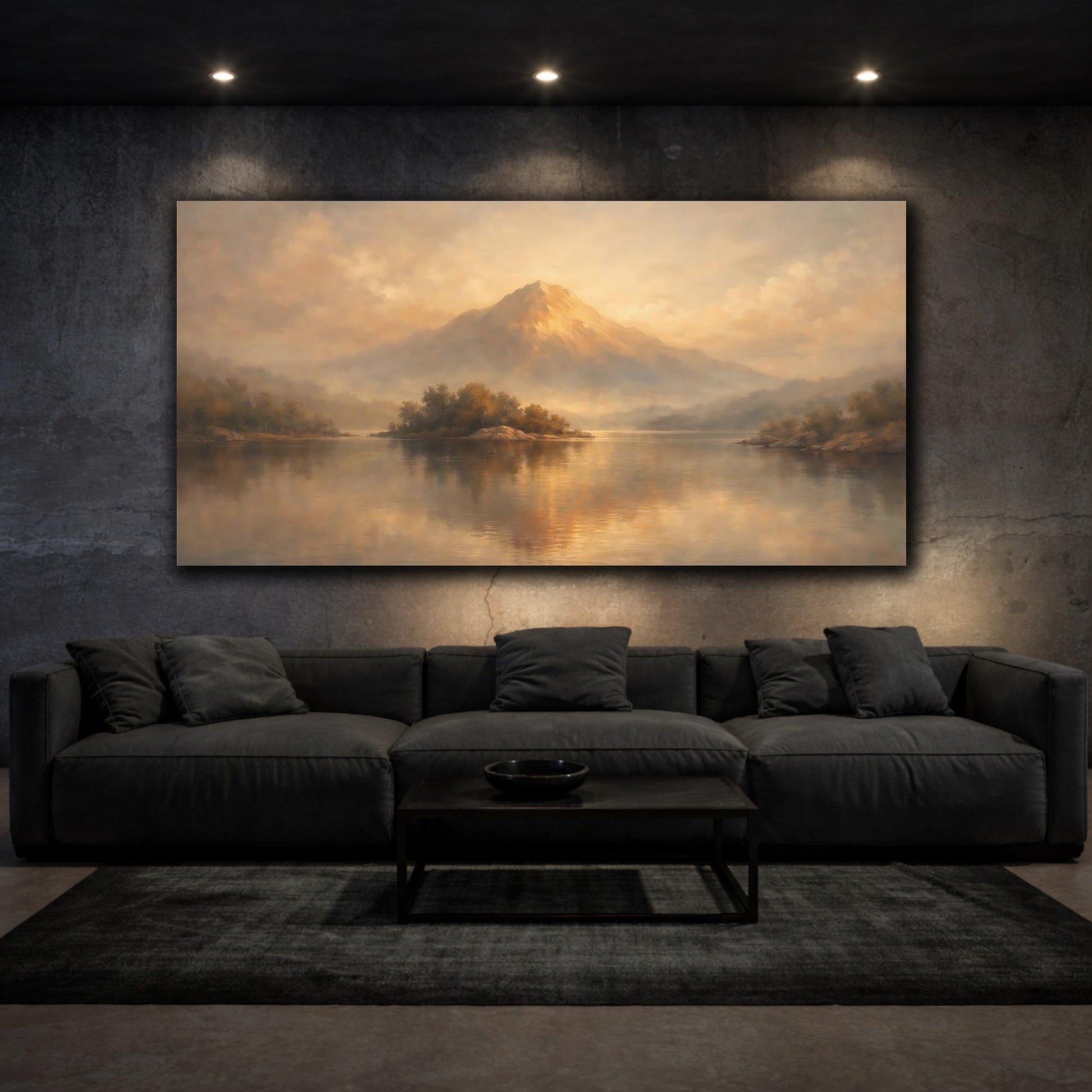 Mockup 2. Nature Mountain Lake Golden Lake Mountain shown as stretched canvas wall art