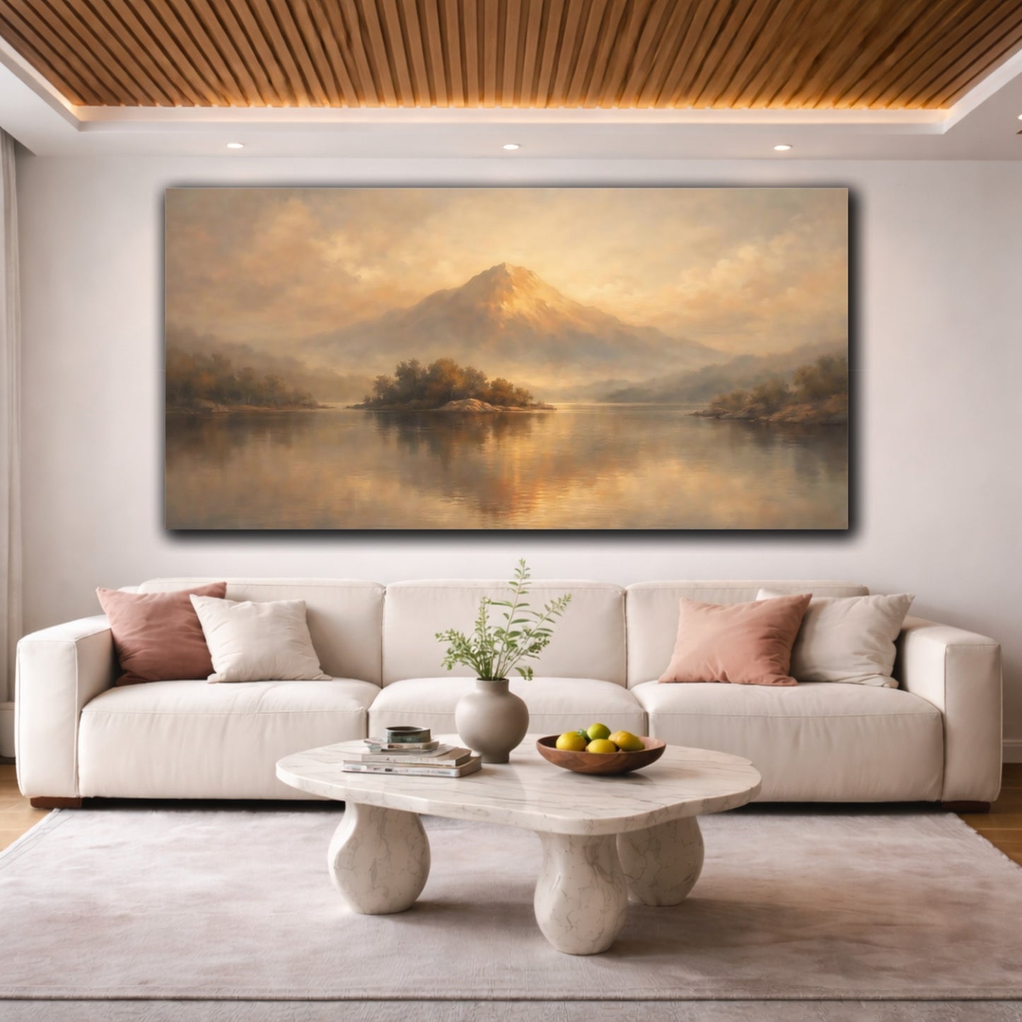 Mockup 3. Nature Mountain Lake Golden Lake Mountain shown as stretched canvas wall art