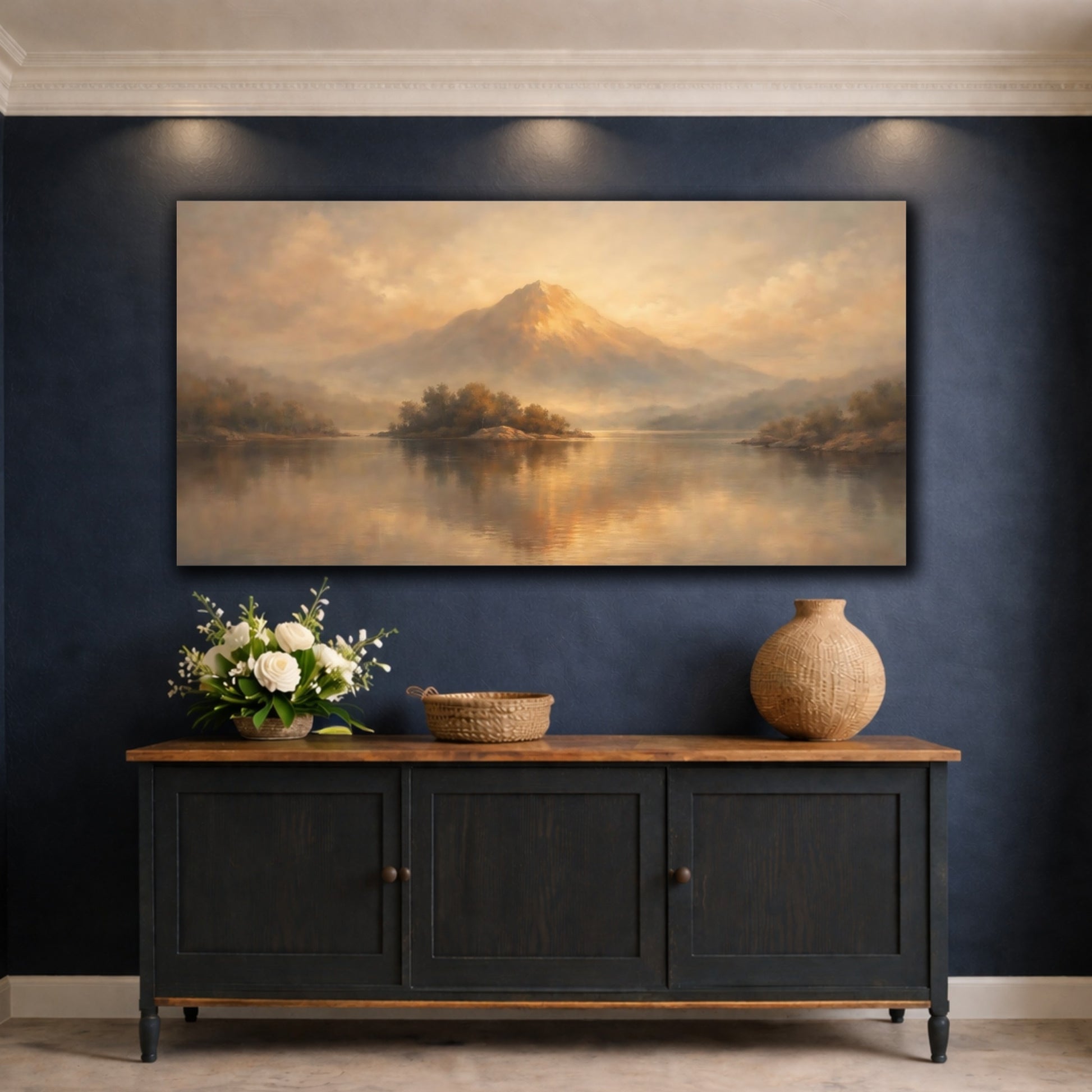 Mockup 4. Nature Mountain Lake Golden Lake Mountain shown as stretched canvas wall art