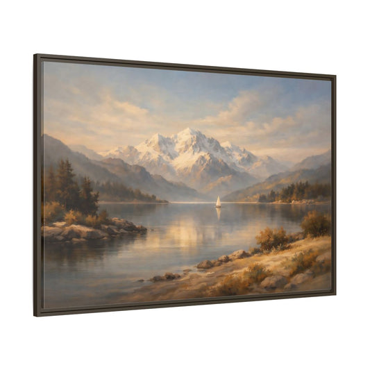 Main Mockup. Nature Mountain Lake Golden Lake Mountains shown as stretched canvas wall art