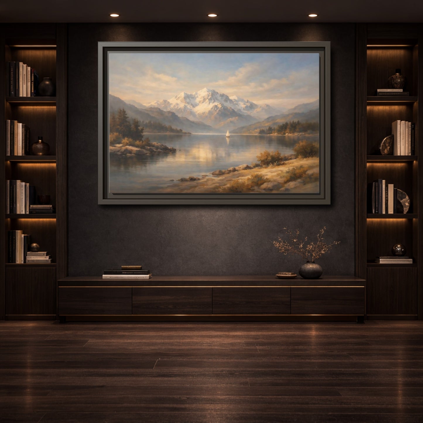 Mockup 3. Nature Mountain Lake Golden Lake Mountains shown as stretched canvas wall art