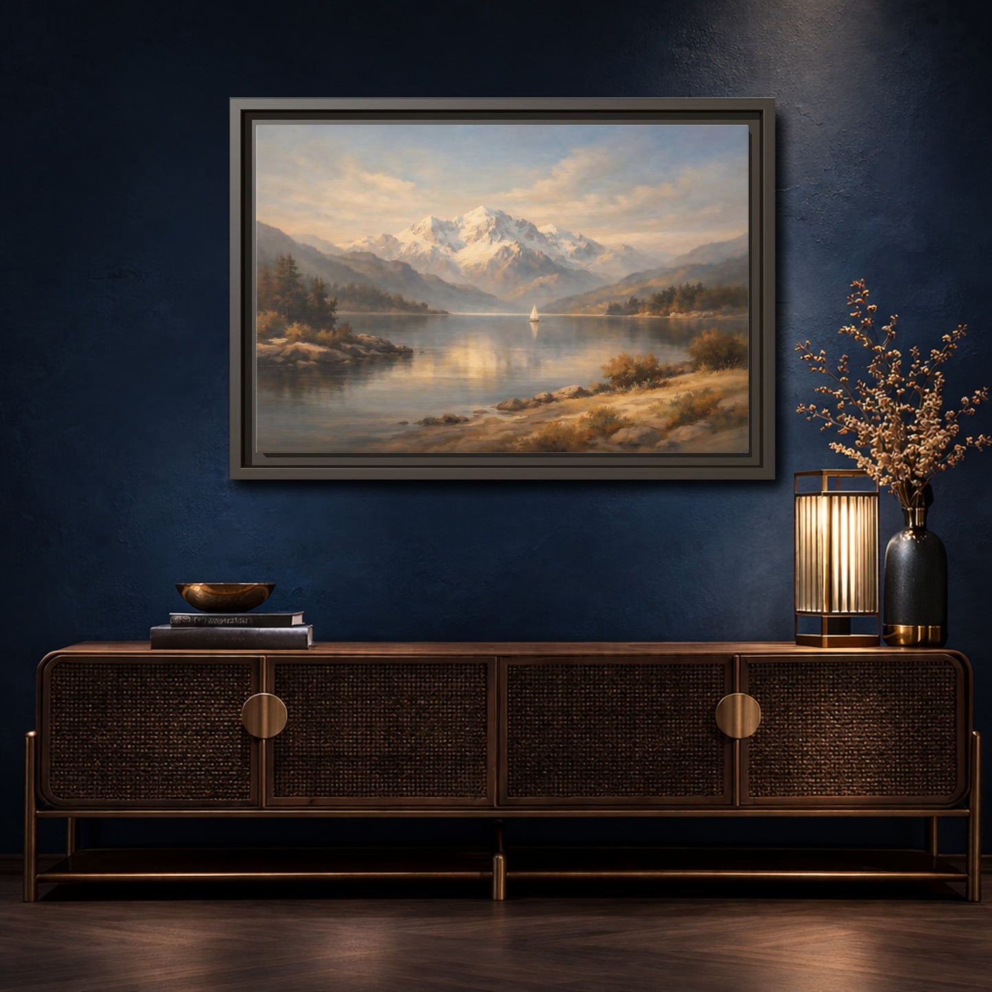 Mockup 4. Nature Mountain Lake Golden Lake Mountains shown as stretched canvas wall art