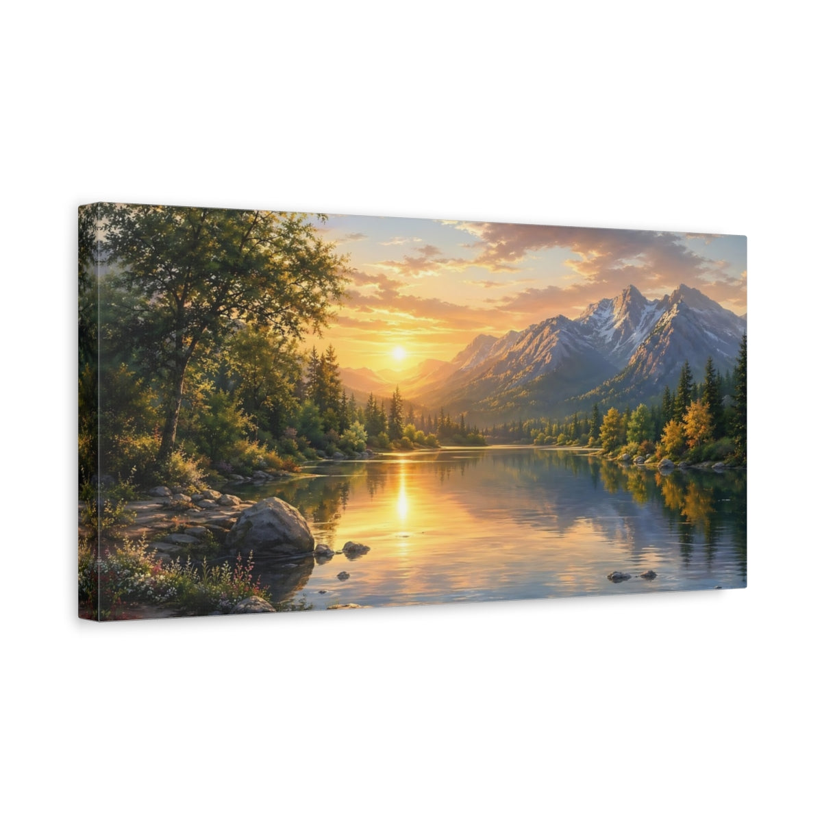 Side Mockup 3. Nature Mountain Lake Golden Lake Landscape shown as stretched canvas wall art