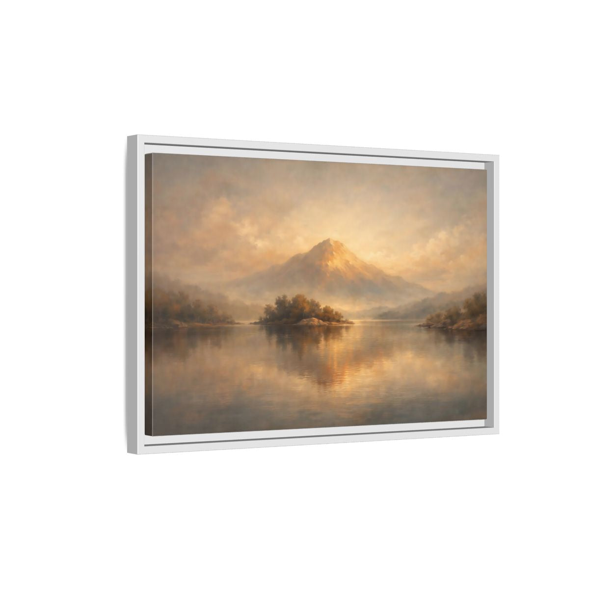 Side Mockup 1. Nature Mountain Lake Golden Mountain Landscape shown as stretched canvas wall art