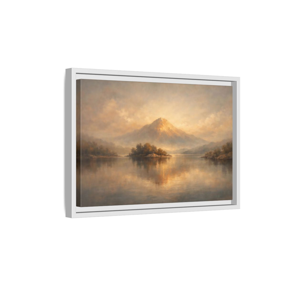 Side Mockup 4. Nature Mountain Lake Golden Mountain Landscape shown as stretched canvas wall art