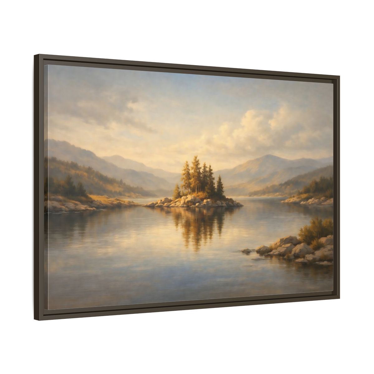 Side Mockup 9. Nature Mountain Lake Golden Lake Landscape shown as stretched canvas wall art
