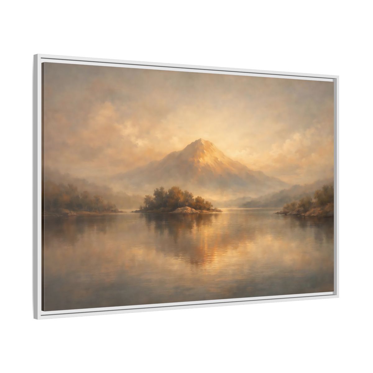 Side Mockup 7. Nature Mountain Lake Golden Mountain Landscape shown as stretched canvas wall art