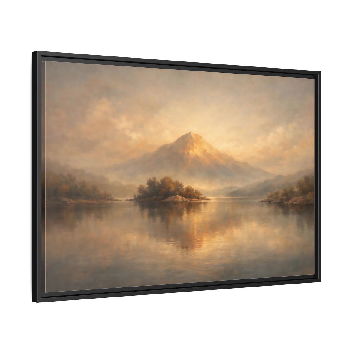 Side Mockup 13. Nature Mountain Lake Golden Mountain Landscape shown as stretched canvas wall art