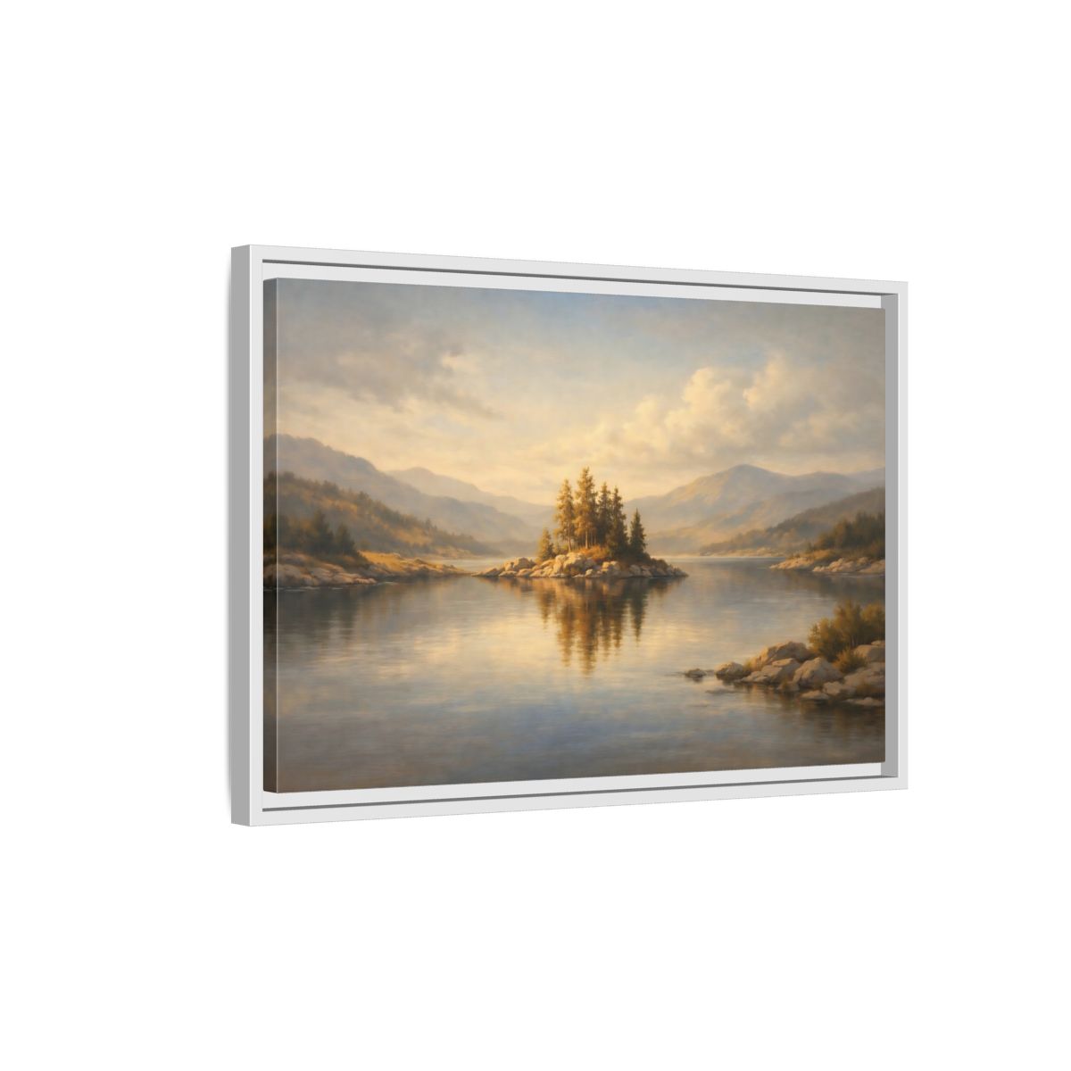 Side Mockup 1. Nature Mountain Lake Golden Lake Landscape shown as stretched canvas wall art
