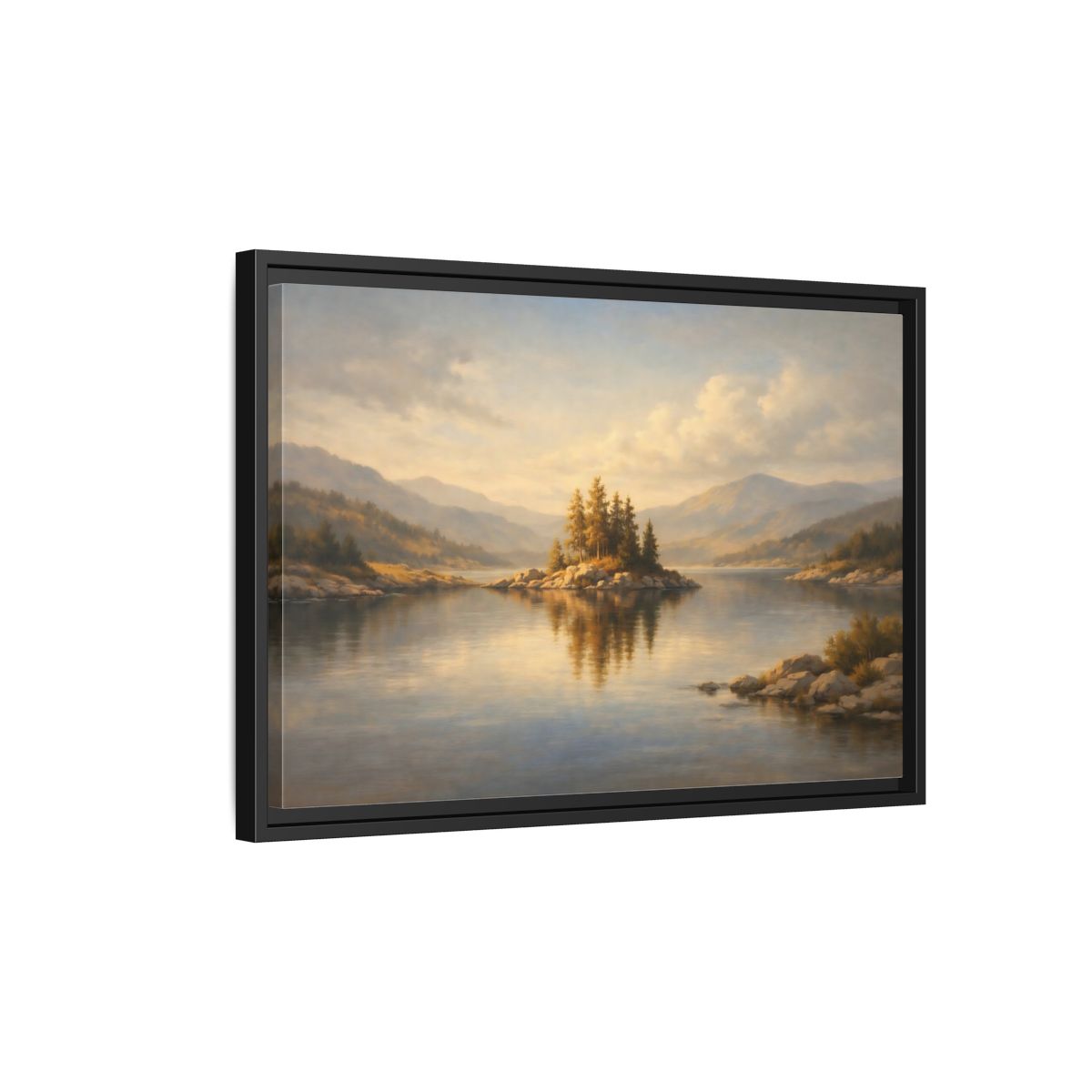 Side Mockup 3. Nature Mountain Lake Golden Lake Landscape shown as stretched canvas wall art