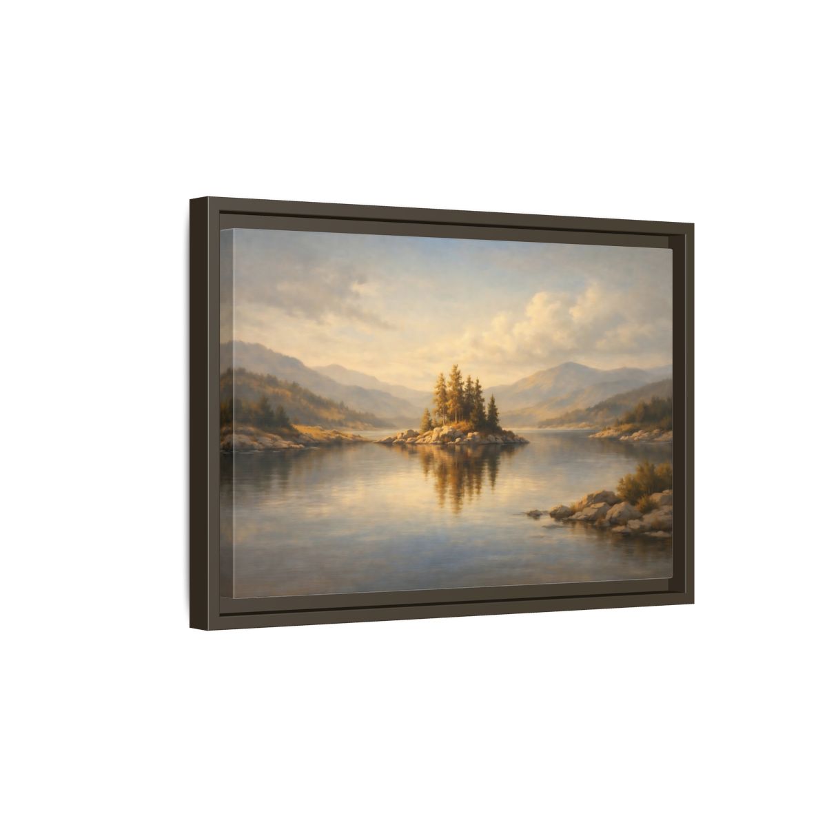 Side Mockup 5. Nature Mountain Lake Golden Lake Landscape shown as stretched canvas wall art