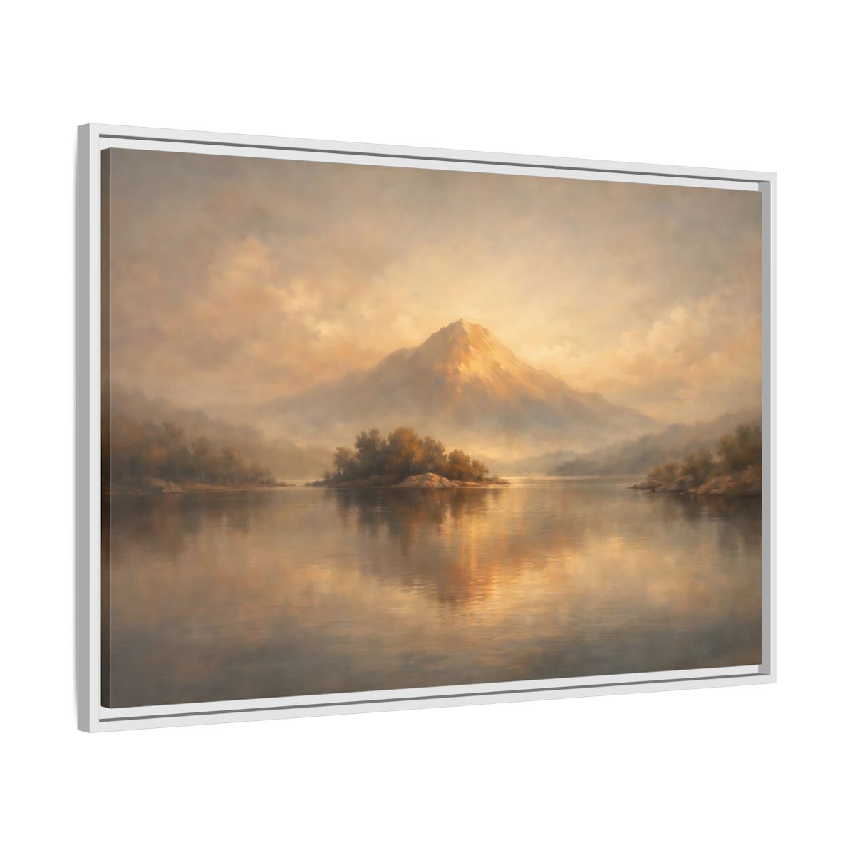 Side Mockup 8. Nature Mountain Lake Golden Mountain Landscape shown as stretched canvas wall art