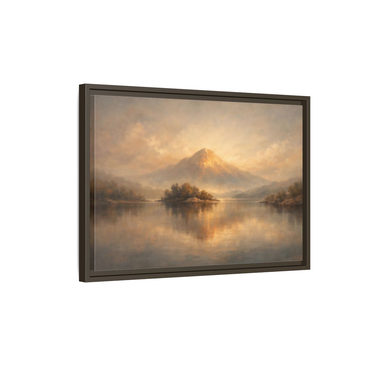 Side Mockup 2. Nature Mountain Lake Golden Mountain Landscape shown as stretched canvas wall art