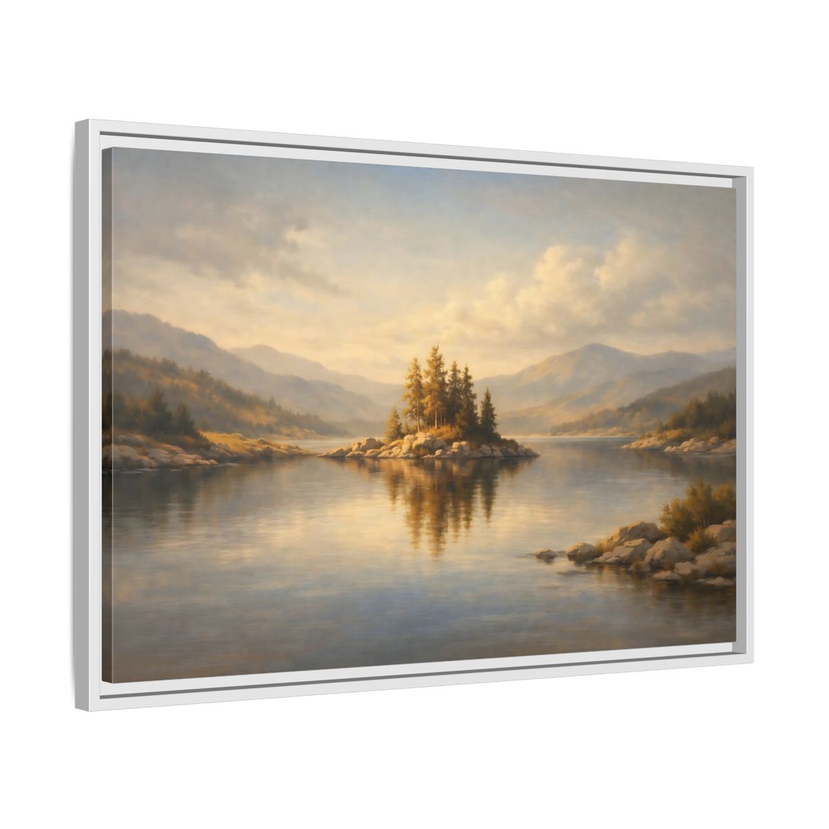 Side Mockup 10. Nature Mountain Lake Golden Lake Landscape shown as stretched canvas wall art