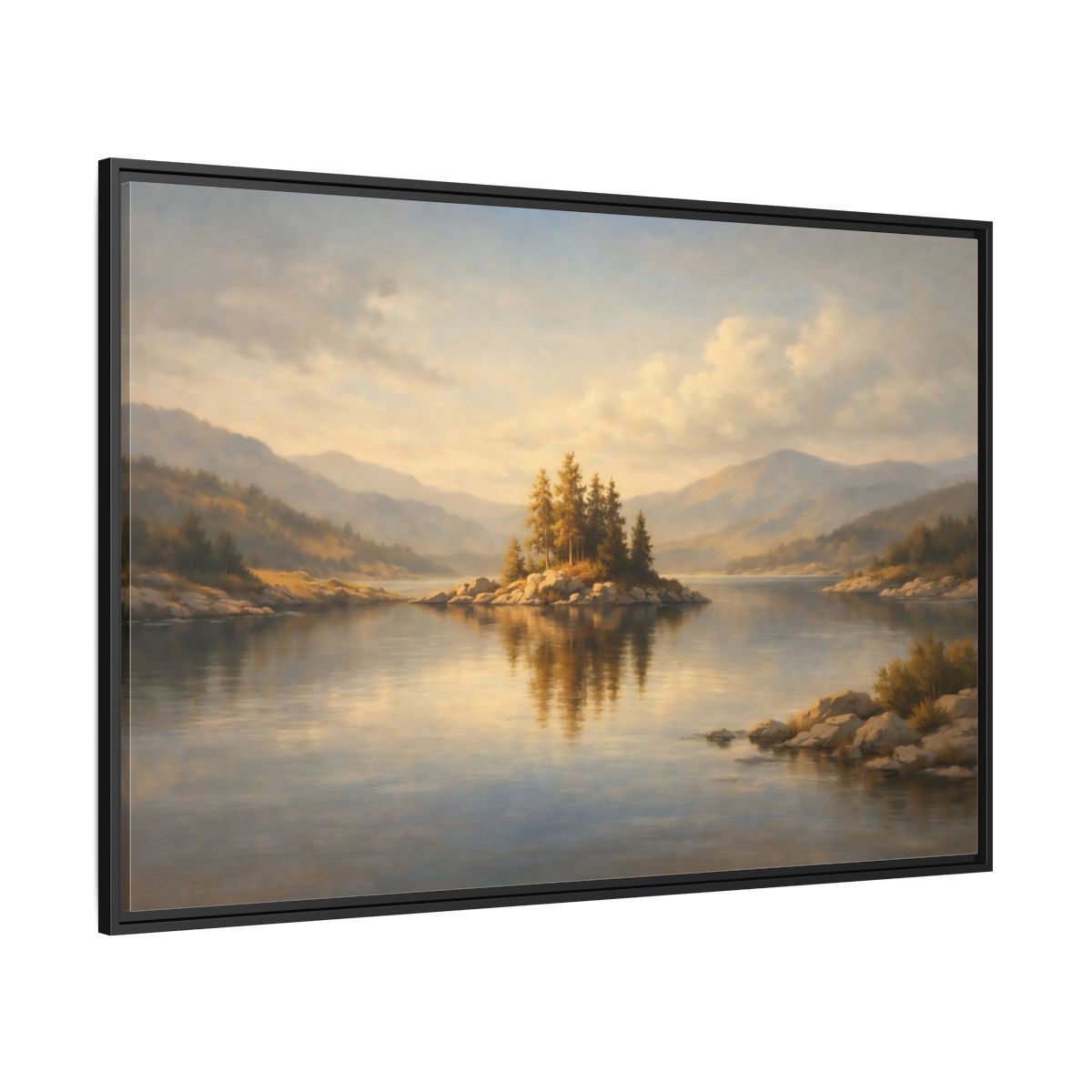 Side Mockup 12. Nature Mountain Lake Golden Lake Landscape shown as stretched canvas wall art