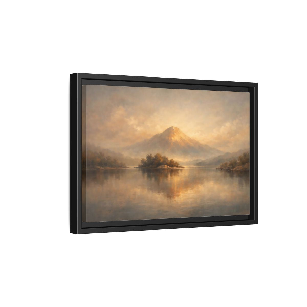 Side Mockup 6. Nature Mountain Lake Golden Mountain Landscape shown as stretched canvas wall art