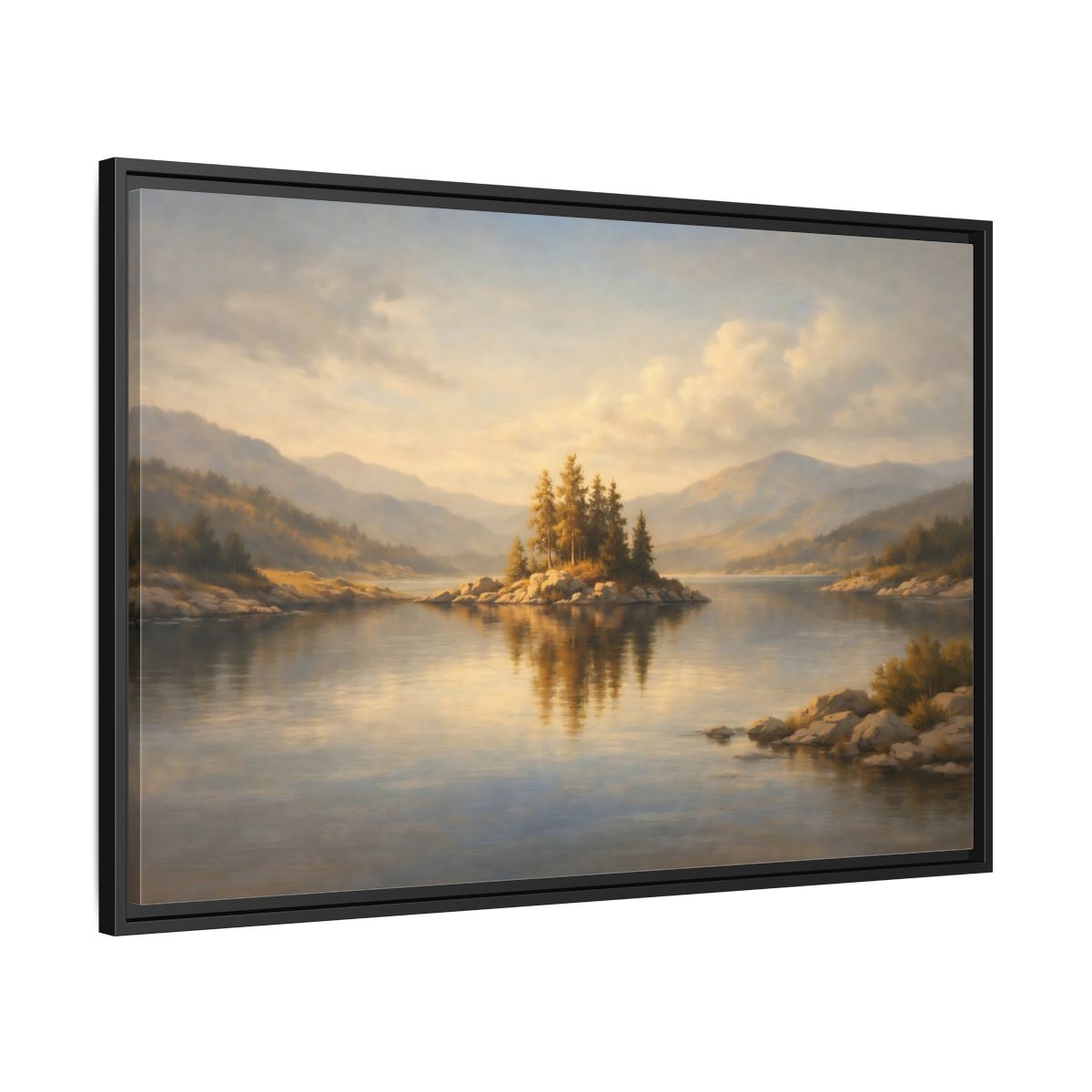 Side Mockup 13. Nature Mountain Lake Golden Lake Landscape shown as stretched canvas wall art