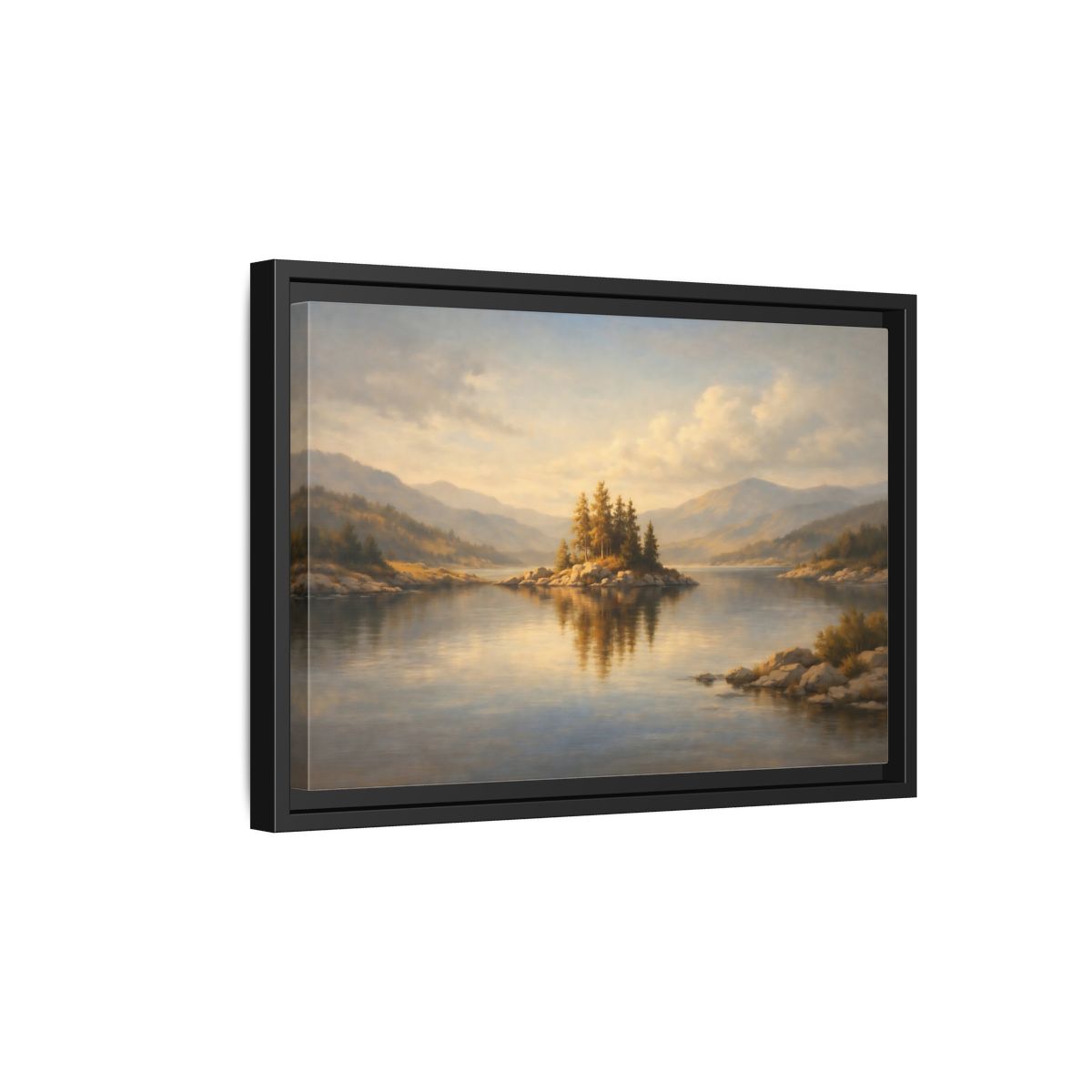 Side Mockup 6. Nature Mountain Lake Golden Lake Landscape shown as stretched canvas wall art