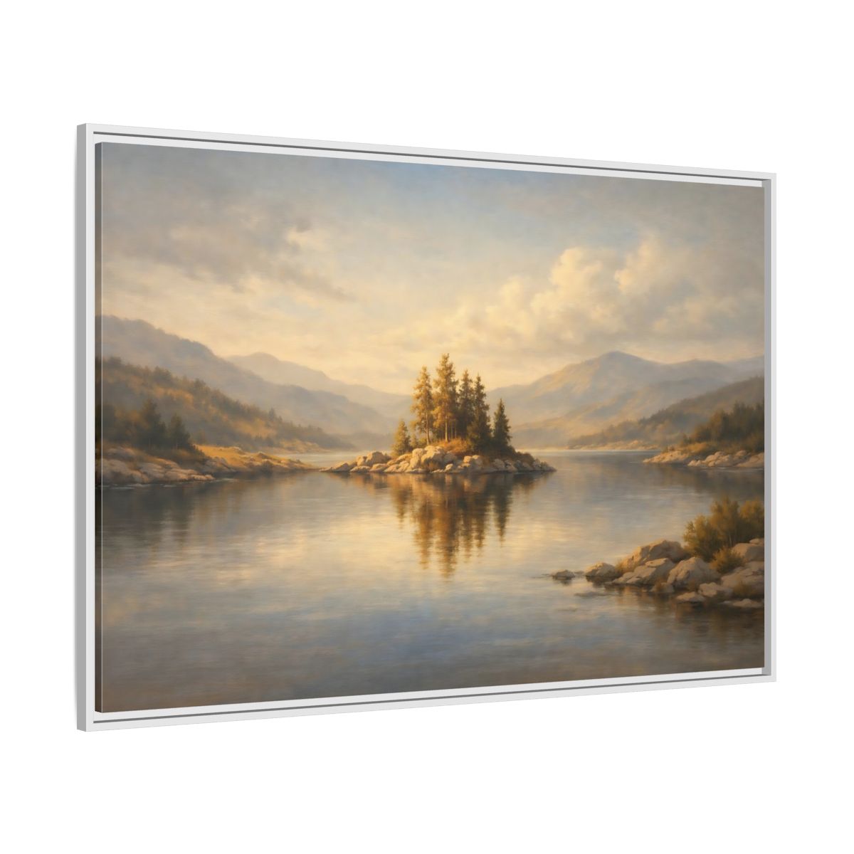 Side Mockup 7. Nature Mountain Lake Golden Lake Landscape shown as stretched canvas wall art