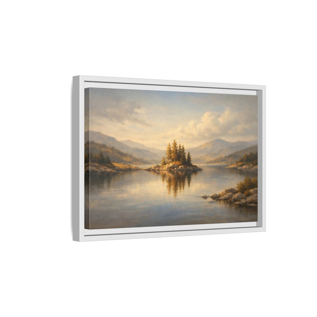 Side Mockup 4. Nature Mountain Lake Golden Lake Landscape shown as stretched canvas wall art