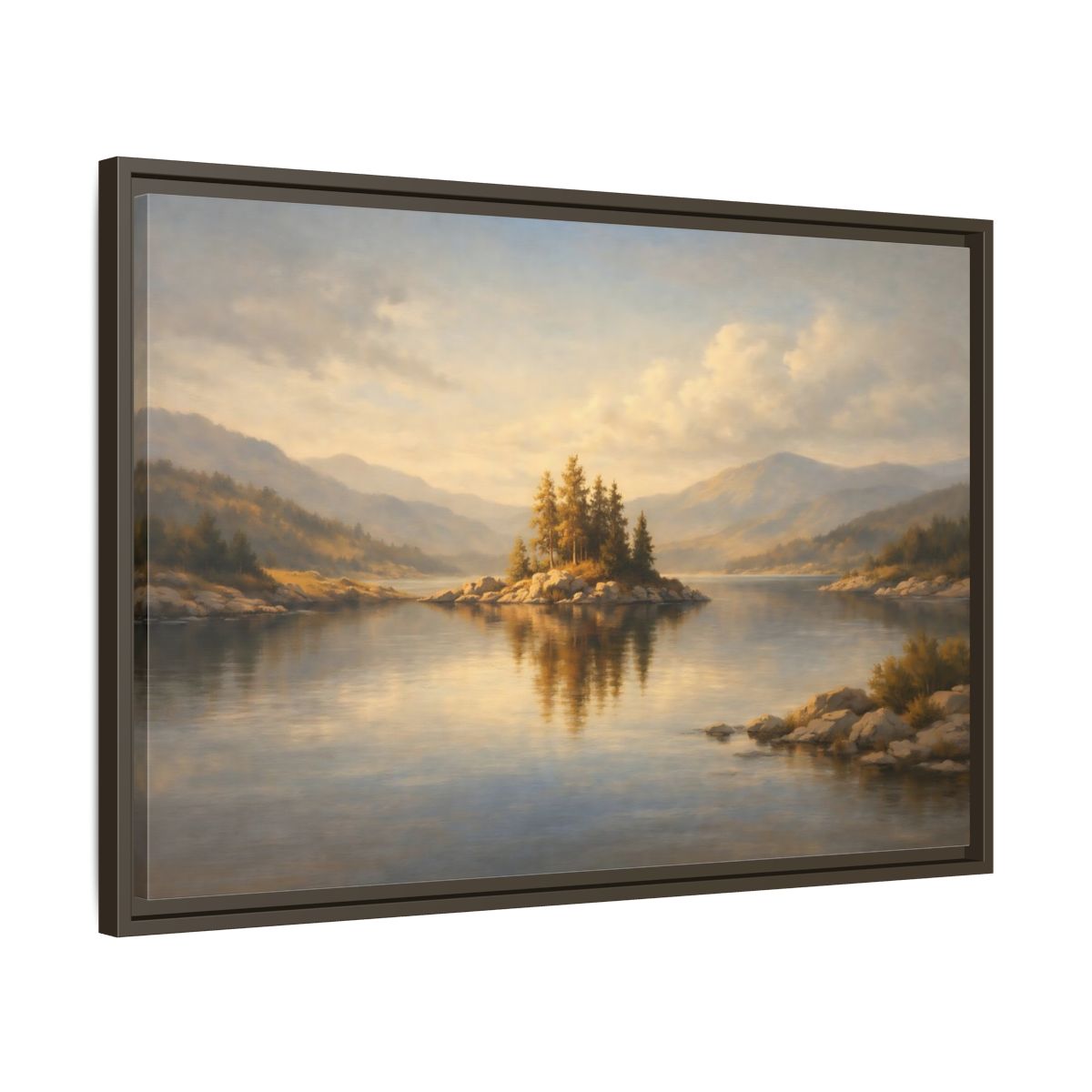 Side Mockup 11. Nature Mountain Lake Golden Lake Landscape shown as stretched canvas wall art