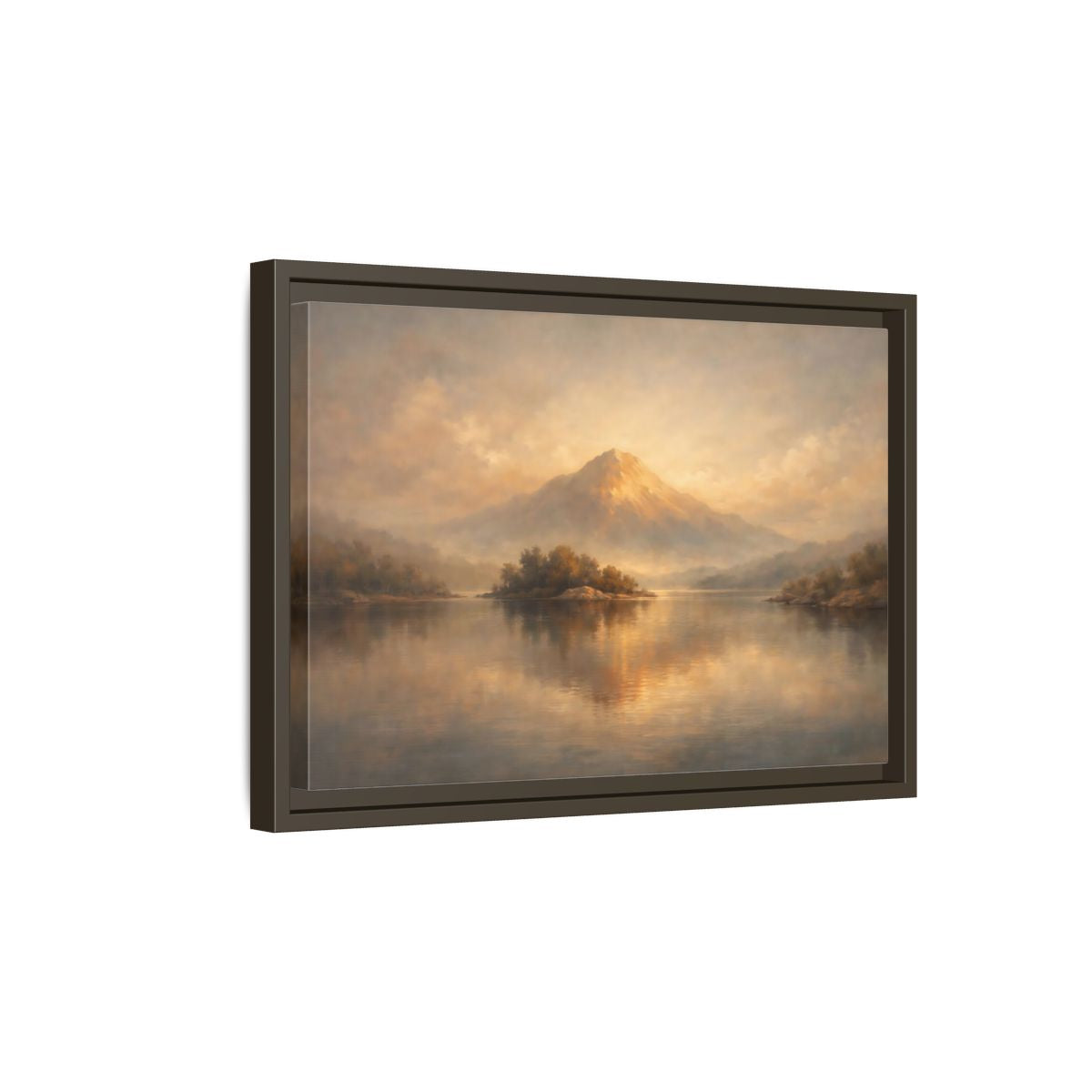 Side Mockup 5. Nature Mountain Lake Golden Mountain Landscape shown as stretched canvas wall art