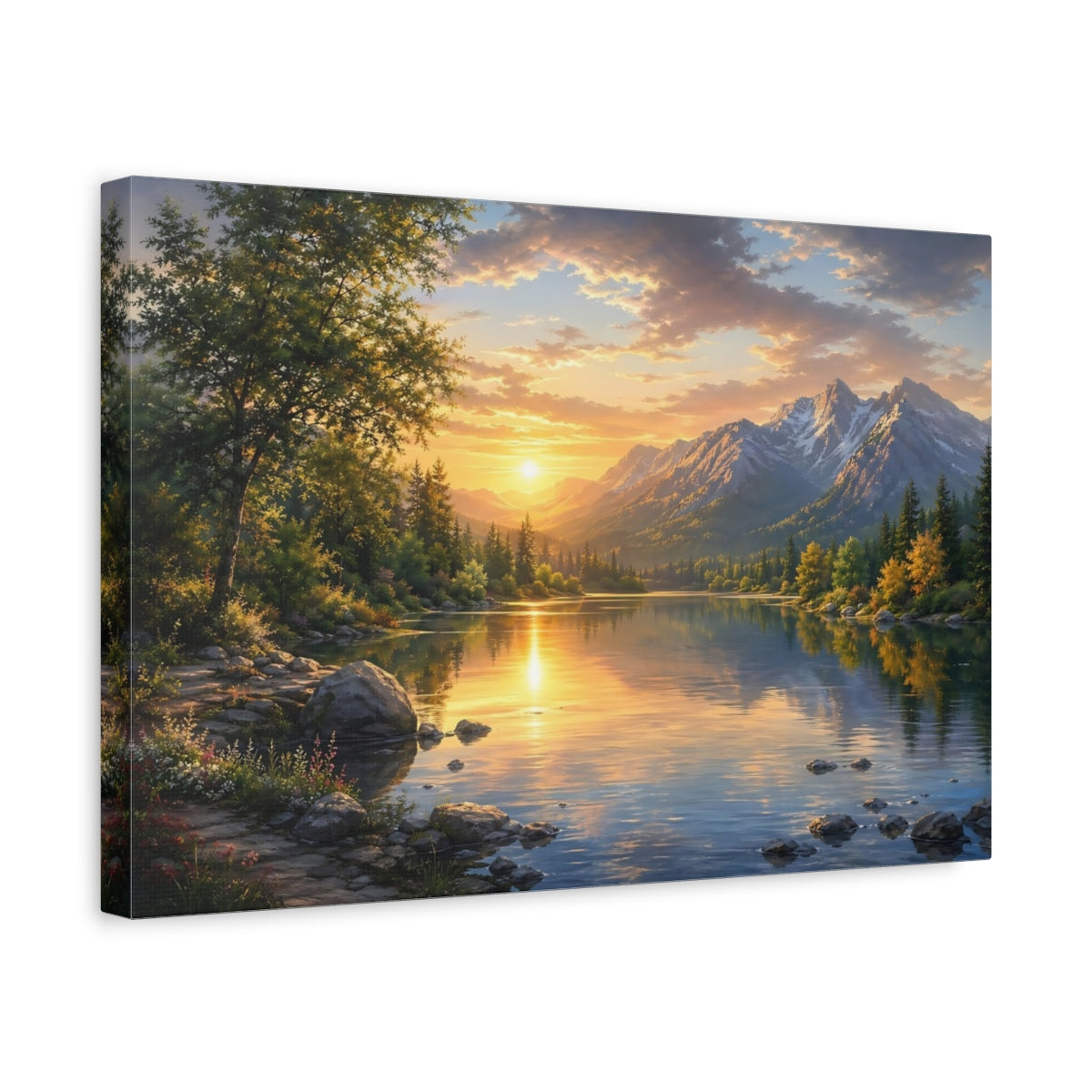Side Mockup 4. Nature Mountain Lake Golden Light Lake shown as stretched canvas wall art