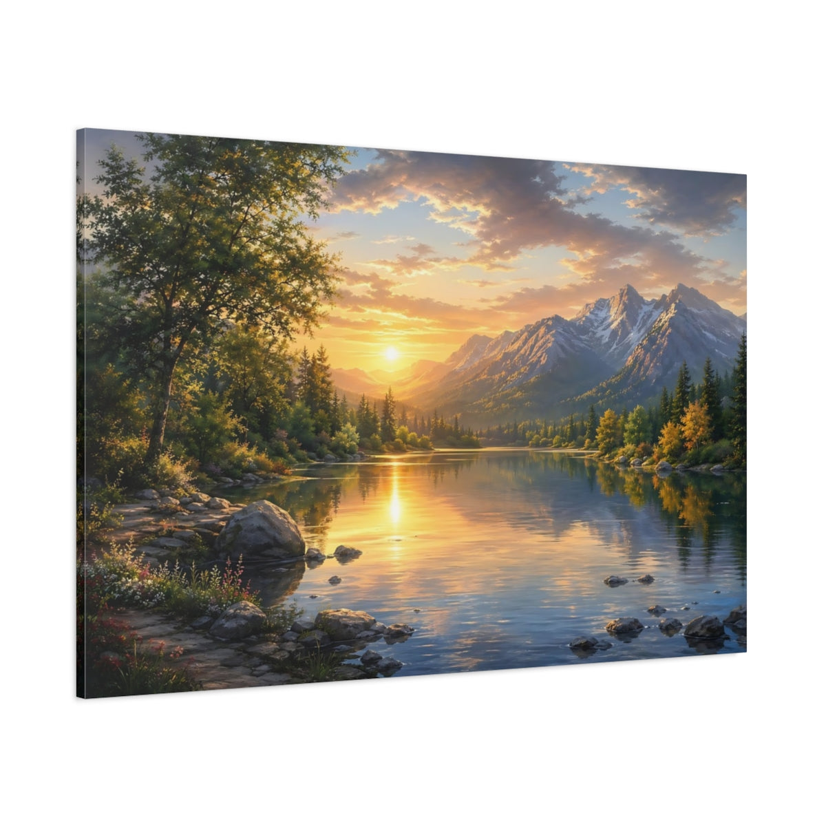 Side Mockup 1. Nature Mountain Lake Golden Light Lake shown as stretched canvas wall art