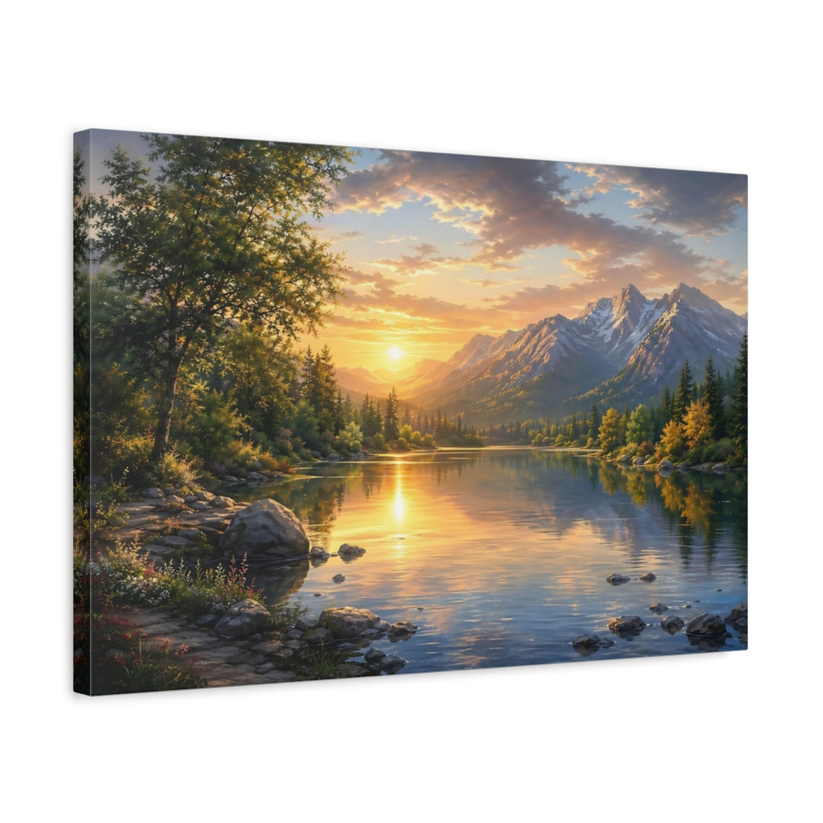 Side Mockup 3. Nature Mountain Lake Golden Light Lake shown as stretched canvas wall art