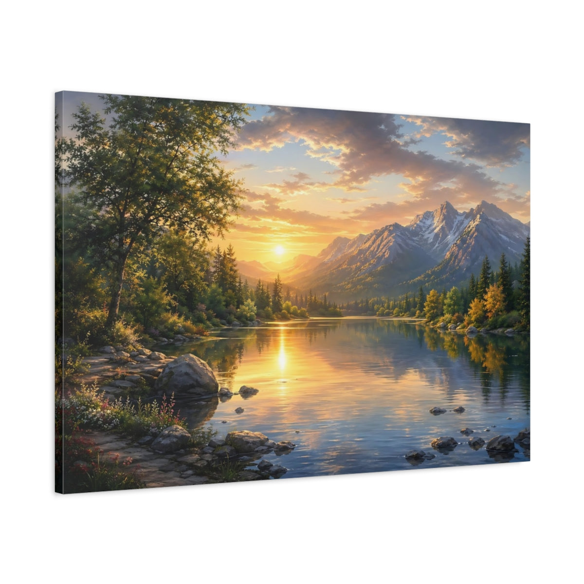 Main Mockup. Nature Mountain Lake Golden Light Lake shown as stretched canvas wall art